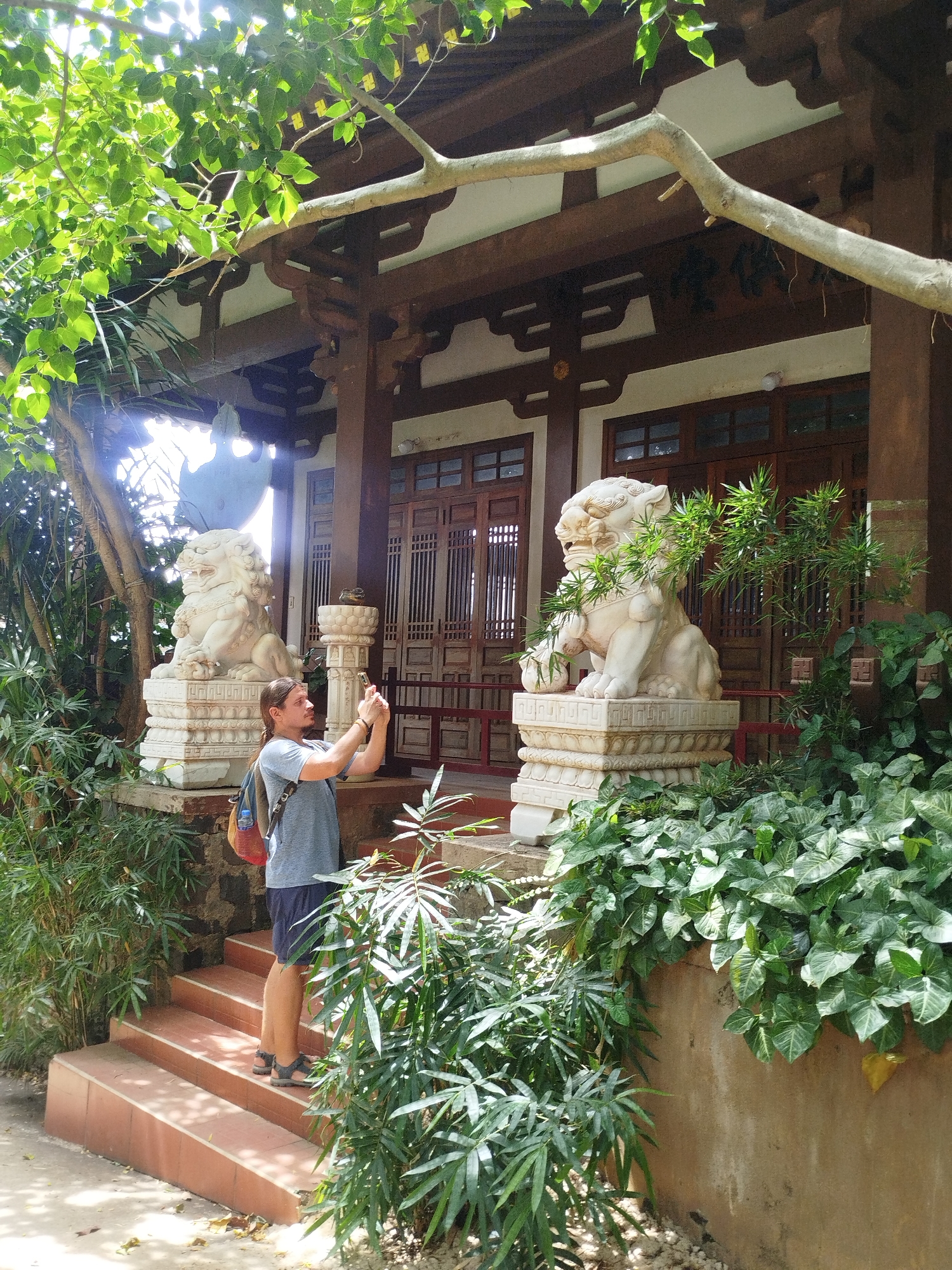 A man is taking a picture with his phone on the steps leading to a traditional Vietnamese building. The building has dark brown wooden framing with white walls and a tiled roof partially obscured by a large tree. There are two closed, intricately designed wooden doors. On either side of the steps are white stone lion statues on pedestals. The area is surrounded by lush green vegetation, including various types of plants and bamboo. The man is wearing a grey t-shirt, blue shorts, and sandals, and he has a backpack. The scene appears to be in Hoi Phu Ward, Vietnam.