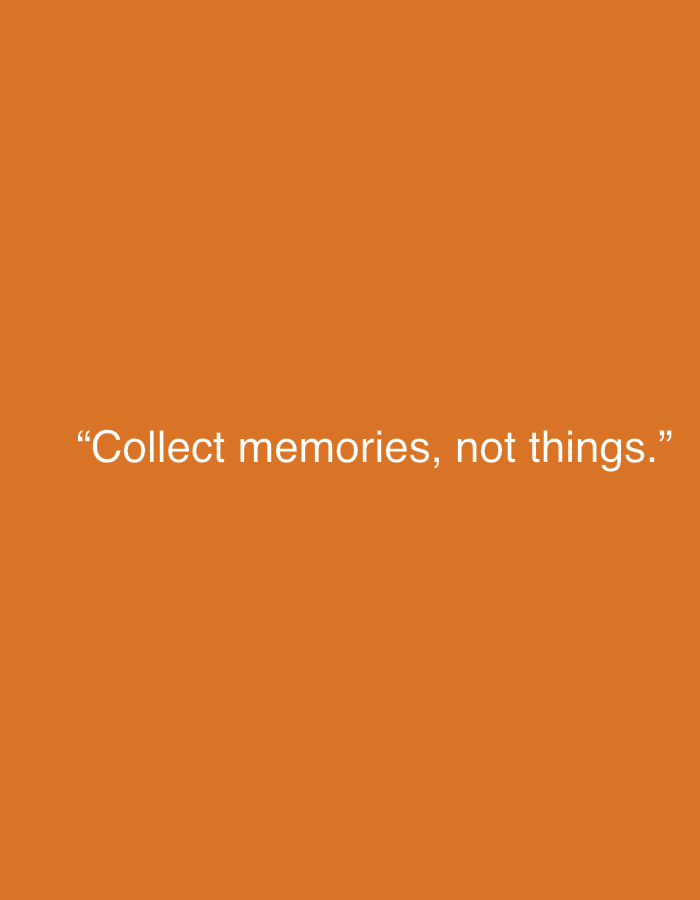 The image is a text overlay on an orange background. The text reads: "Collect memories, not things." There is no discernible connection to the city of Nesebar, Bulgaria, as no landmarks, scenery, or any other contextual elements are present in the image. The image is a simple quote on a solid color.