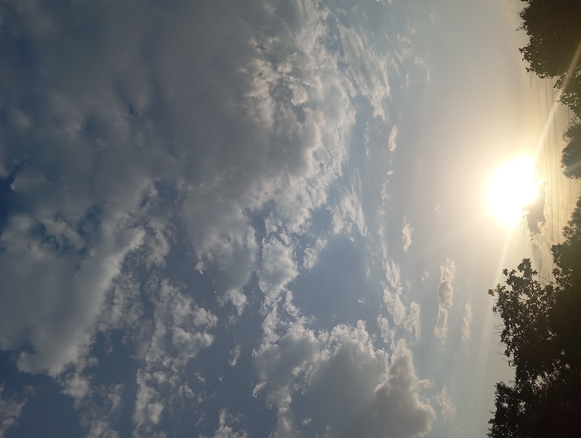 The image depicts a sunlit sky with scattered clouds, visible above a silhouette of trees. The sun, a bright orb, is positioned in the lower right quadrant of the frame, emitting rays of light that illuminate the sky and clouds. The trees, dark and leafy, form a horizontal band across the bottom of the image, with some branches extending upwards into the sky. The overall scene suggests an outdoor setting, possibly in the early morning or late afternoon, given the low angle of the sun. The location is identified as Şirvanlı, Azerbaijan. There are no people or animals visible in the image, and no specific actions or interactions are taking place. The environment is natural, dominated by the sky and vegetation.