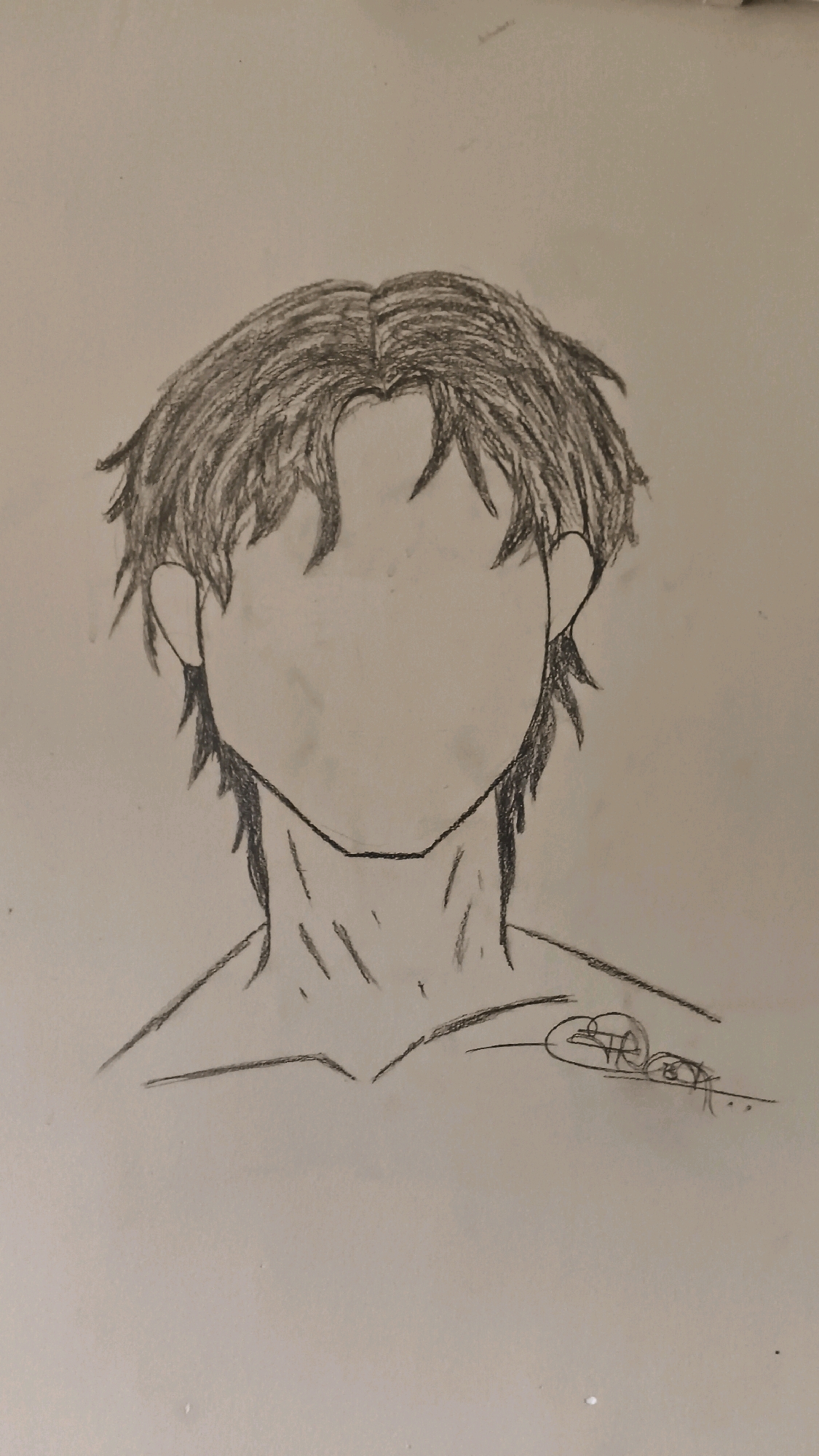 A pencil sketch depicts the upper torso and head of a figure with short, messy hair. The face is intentionally left blank. The figure's neck and shoulders are visible, with faint lines suggesting muscle definition. A stylized signature is present on the right side of the image. The background is a plain, light-colored surface, likely paper. There is no indication of any specific location, including Sarafpalle, India, within the sketch itself.