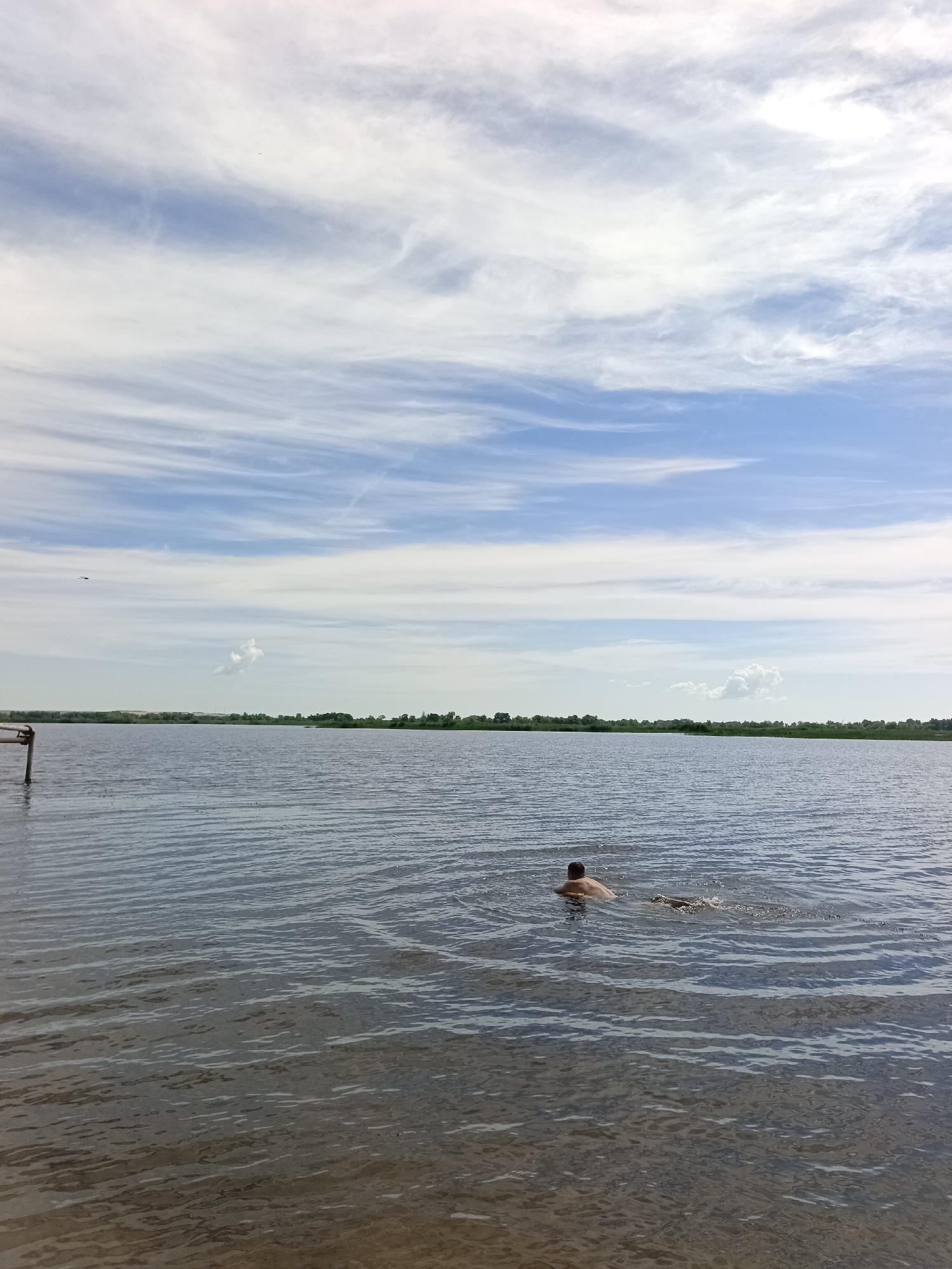 A person is swimming in the calm, dark water of a lake. The sky is blue with wispy white clouds. Trees and a distant shore are visible in the background. There is a wooden post to the left of the frame, sticking out of the water. The scene appears to be in Vyazovka, Russia.