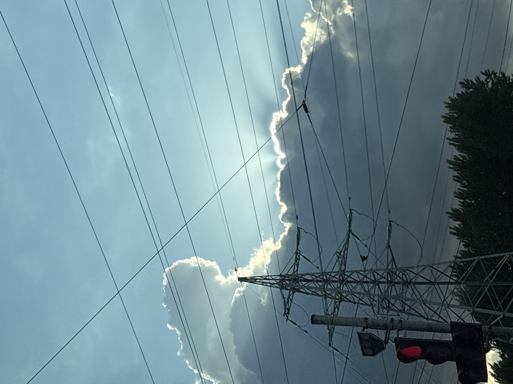 The image captures a dramatic sky over what appears to be an urban or suburban area in Saint Petersburg, Russia. The sky is a deep blue with bright sunlight breaking through dark, billowing clouds, creating a striking contrast and dramatic sunbeams. Power lines crisscross the sky in the foreground, casting shadows and adding a layer of urban infrastructure to the natural spectacle. A large, industrial power pylon stands prominently in the mid-ground, its metallic structure silhouetted against the luminous clouds. To the left, a traffic light is visible with its red signal illuminated, suggesting a road or intersection nearby. The lower part of the image shows a dense line of dark green trees, likely forming the edge of a park or woodland. The overall impression is one of a powerful natural event unfolding within a man-made environment.
