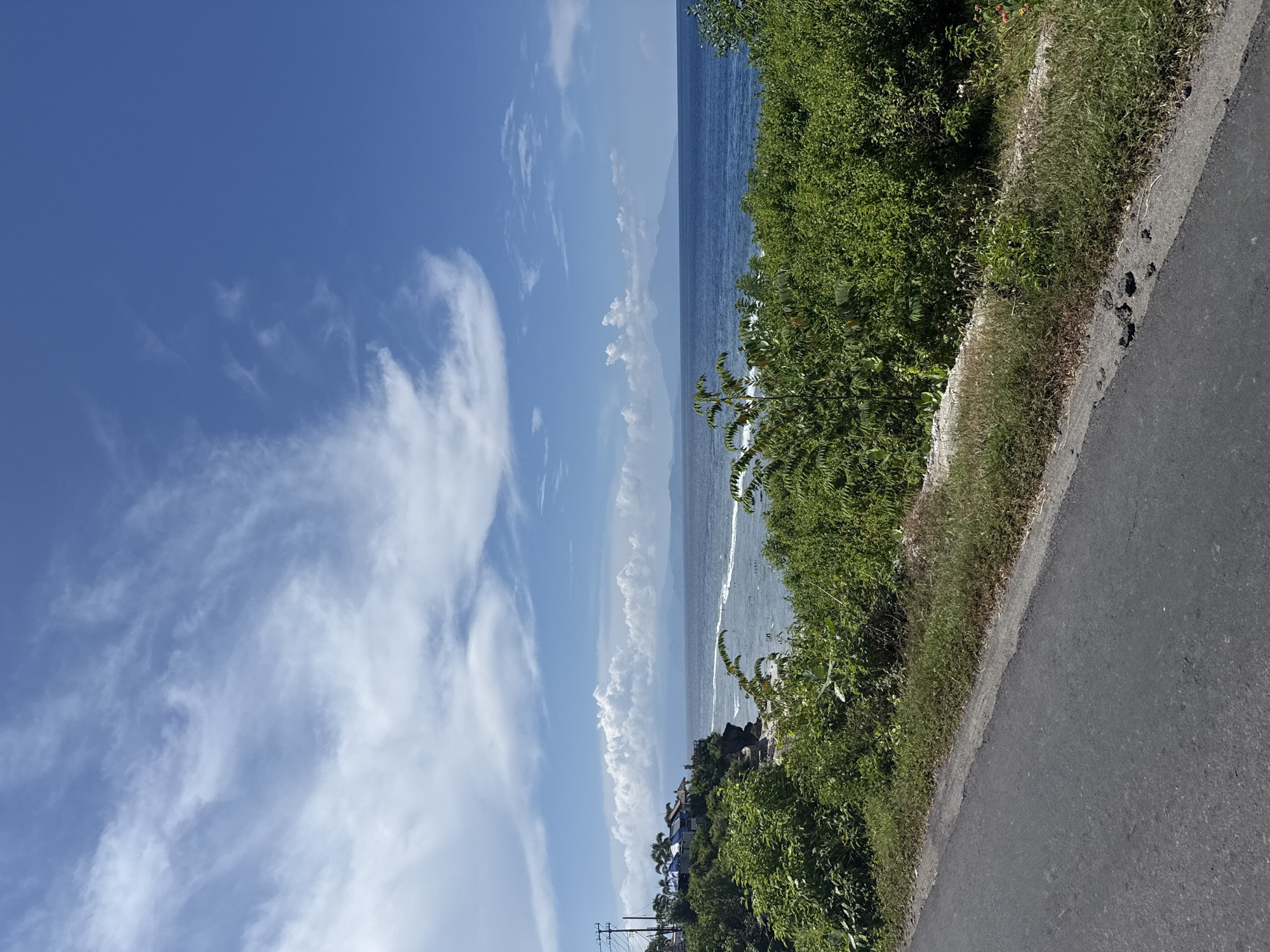 The image shows a coastal view from what appears to be a road in Batununggal, Indonesia. A blue sky with scattered white clouds takes up the left portion of the image. Adjacent to the sky is a strip of ocean. Lush, green vegetation grows along the right side of the ocean view, extending towards a paved road that occupies the lower right corner of the image. In the distance, along the coastline, there are glimpses of buildings and infrastructure. The angle of the shot is slightly tilted.