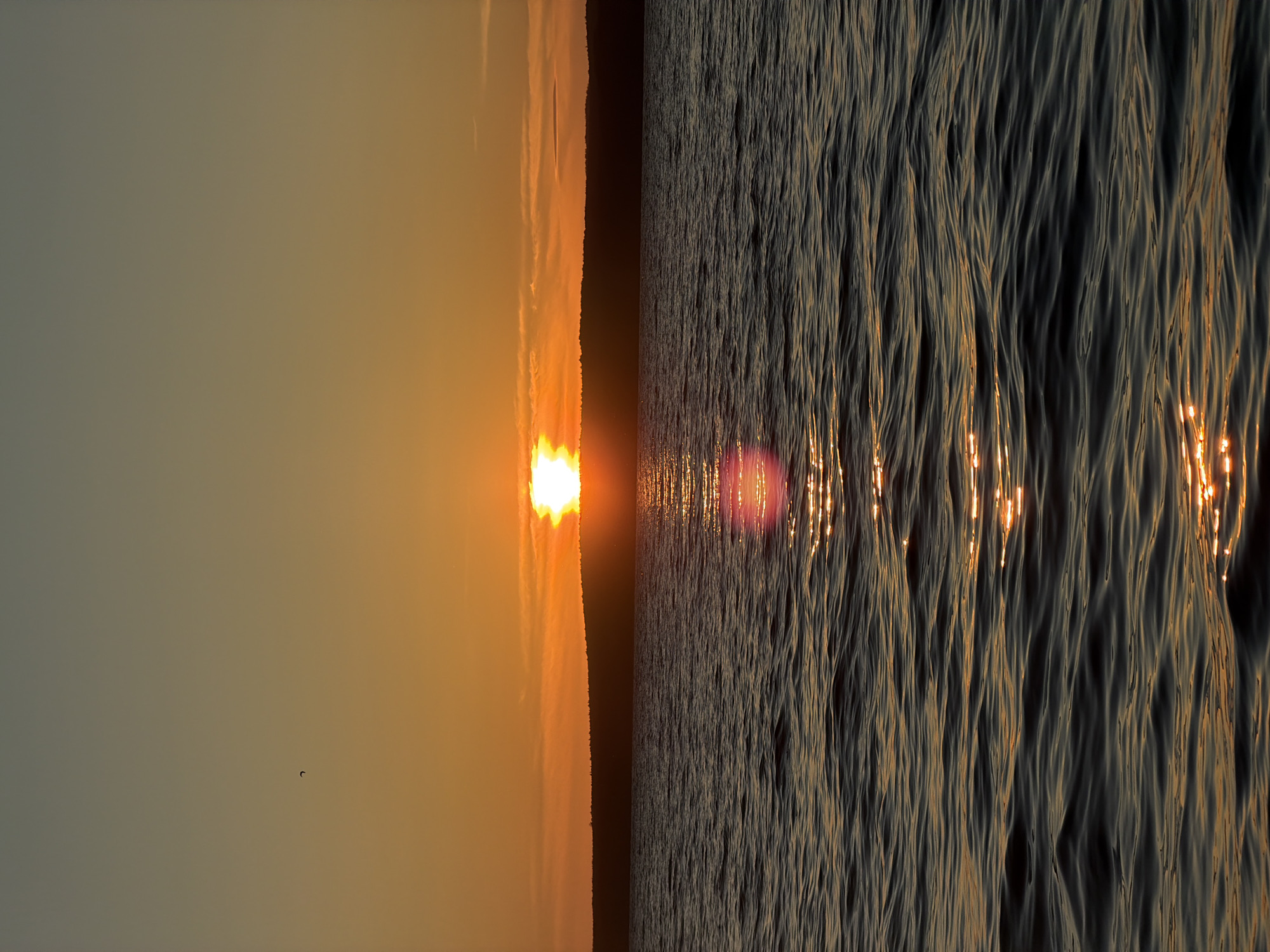 The image captures a serene sunset over a body of water, likely a reservoir or large river, given its scale. The sun, a bright orb of intense orange, is positioned just above a dark, silhouetted treeline that stretches across the horizon. The sky transitions from a warm orange near the sun to a pale grey at the top of the frame. A faint, dark speck, possibly a bird, is visible in the upper left portion of the sky. The water's surface is rippled, reflecting the warm hues of the sunset in shimmering streaks of gold and orange. The overall impression is one of tranquility and natural beauty. While the specific location in Chaikovsky, Russia is not explicitly identifiable from the image alone, the scene is consistent with landscapes found around large bodies of water that might be associated with the Kama River, on which Chaikovsky is situated. There are no people, man-made structures, or specific landmarks visible that would pinpoint the exact location within the city.