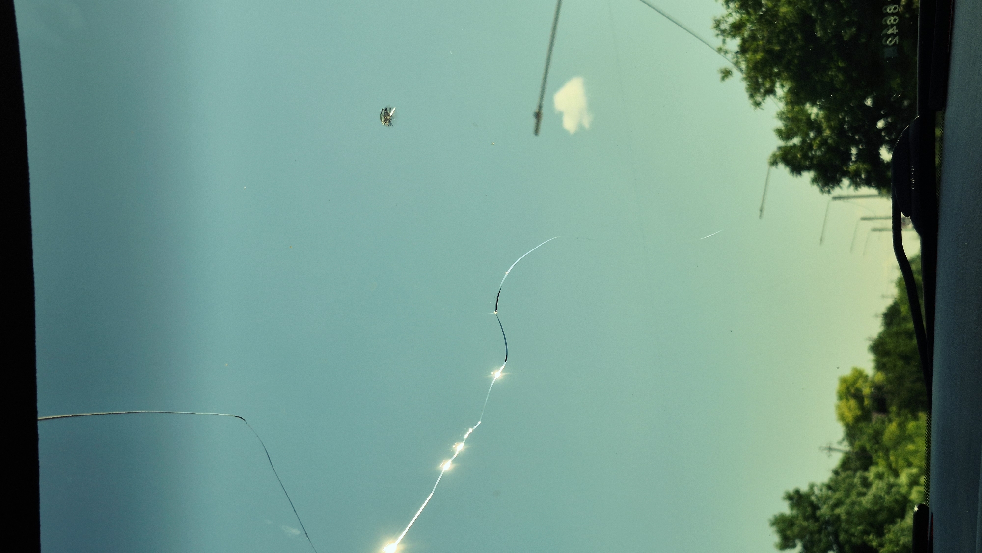 The image captures a view through a cracked car windshield. The sky is a clear, pale blue with a gradient. A prominent crack runs diagonally from the upper left corner, with several bright glints of light reflecting off its fractured surface, indicating direct sunlight. Further to the right, a small, spiderweb-like impact mark is visible on the glass. In the distance, a single, small white cloud is present. Below the sky, a line of green trees forms the horizon, with some lighter green foliage interspersed. Streetlights are visible amongst the trees, and in the bottom right corner, a portion of a car's dashboard and windshield wipers are in focus. A partially obscured sign with reversed lettering is visible on the right side of the image. The overall impression is that of a sunny day, viewed from inside a vehicle, with the damage to the windshield being the focal point. The location of Mihailovca, Moldova, is not depicted within the image itself; this information is external to the visual content.