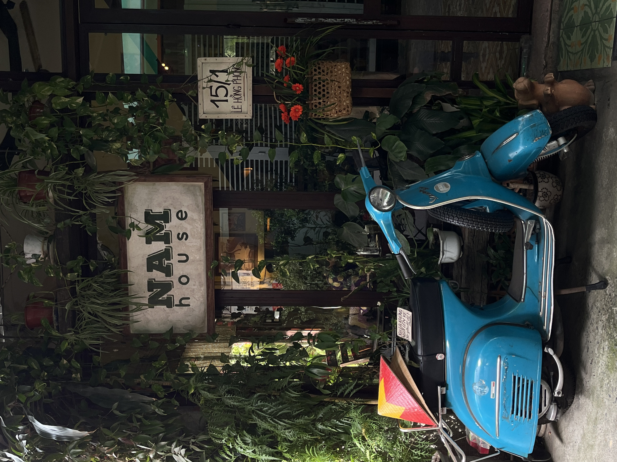 This vertical image captures the inviting, plant-filled entrance of "NAM HOUSE," likely a cafe or shop in Đà Nẵng, Vietnam. Dominating the right side of the frame is a vintage light-blue Vespa-style scooter, featuring chrome trim and a black seat, parked facing slightly left. A small white sign with black Vietnamese text, reading "XIN ĐỪNG NGỒI LÊN XE. CẢM ƠN!" (Please don't sit on the scooter. Thank you!), is affixed to its rear luggage rack, alongside a colorful, triangular item.
The building's entrance is adorned with lush green foliage, including hanging vines, potted ferns, and various leafy plants, creating a vibrant, natural aesthetic. A prominent wooden sign hangs on the left, displaying "NAM HOUSE" in stylized green and black letters. Above this, a white rectangular sign clearly shows the address: "15/1 LÊ HỒNG PHONG," which is a common street name in Vietnam. A few red flowers add a pop of color near a woven basket hanging by the address sign.
The building itself features dark-framed glass doors or windows, reflecting ambient light and offering glimpses of a softly lit interior. To the far right, behind the scooter, a small brown animal figurine rests on a tire. The scene suggests a relaxed daytime setting, possibly during an overcast day or late afternoon, showcasing a quaint and local Vietnamese establishment.