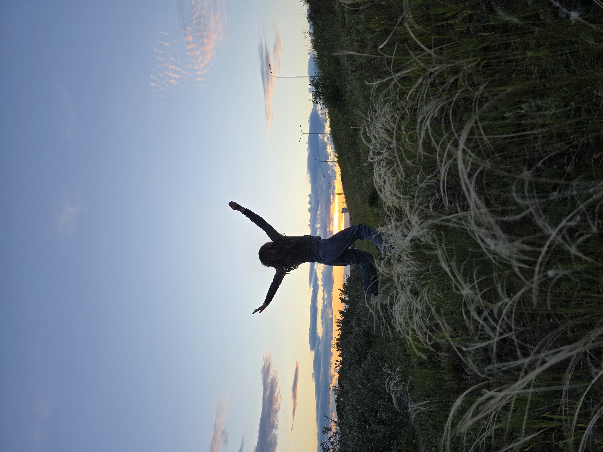 This image, taken in Chaikovsky, Russia, depicts an outdoor scene at either sunset or sunrise. The central subject is a person, largely silhouetted against a vibrant sky, captured in a dynamic pose. The individual, appearing to be female with long dark hair, wears dark clothing—a long-sleeved top and pants—and has both arms outstretched and legs bent, suggesting a jump, a balance, or an expressive gesture. The pose conveys a sense of freedom and exhilaration.
The sky dominates the upper portion of the frame, showcasing a beautiful gradient from light blue at the top to warm orange and yellow tones near the horizon, characteristic of a golden hour. Scattered clouds are present, tinged with soft pink and orange by the rising or setting sun.
A line of dark green foliage, likely bushes or small trees, stretches along the midground, forming the horizon. Several distant streetlights are visible against the sky, hinting at the proximity of a road or the edge of a settlement. The foreground on the right is filled with tall, delicate, wispy grass, possibly feather grass (Stipa), adding a soft, natural texture to the scene. The overall impression is one of peaceful natural beauty and an individual's joyous interaction with the environment. No text is visible in the image.