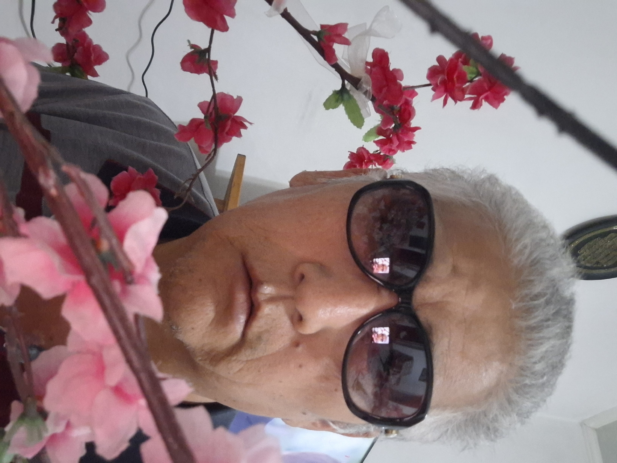 The image is a close-up, selfie-style photograph of an individual wearing sunglasses and artificial pink flowers. The subject has grey hair and appears to be looking directly at the camera. The background is out of focus and shows a white wall with some indistinct objects, possibly indicating an indoor setting. There is no discernible information in the image to suggest a specific location in Almaty, Kazakhstan.