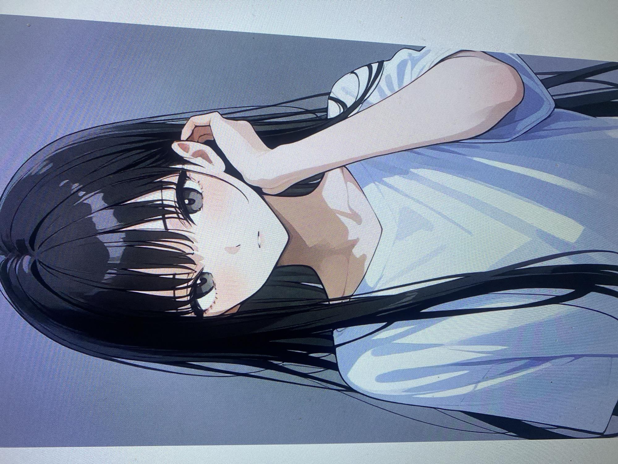 The image depicts a close-up portrait of an anime-style female character. She has long, dark hair that falls around her face and shoulders. Her eyes are large and grey, with delicate shading and subtle blush on her cheeks. She is wearing a light-colored t-shirt. Her right hand is raised, with her fingers gently touching her ear. The background is a plain, muted grey. There is no indication of the city of Samara, Russia, or any urban environment present in the image.