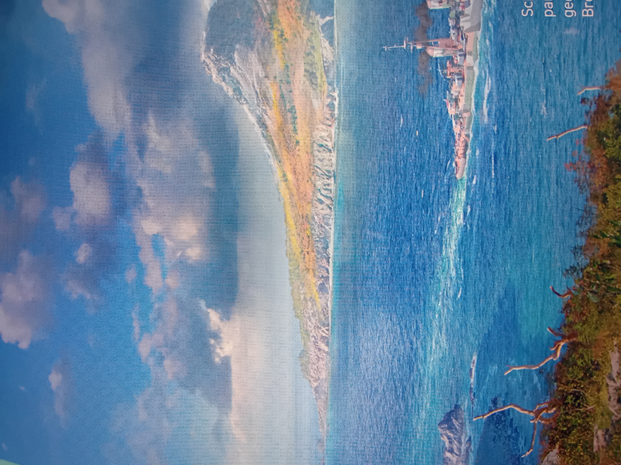 The image depicts a wide panoramic view of a maritime landscape, likely a screenshot from a video game, with a subtle grid pattern visible across the entire frame. The scene is set during the daytime under a clear blue sky with scattered white clouds.
On the left side of the frame, a long, rugged coastline or island stretches across the mid-ground. It features steep cliffs and varied terrain, covered in what appears to be dense vegetation ranging from vibrant green to autumnal yellows and oranges.
The expansive ocean occupies the majority of the lower half of the image, displaying various shades of blue and turquoise, suggesting clear water and possibly shallow areas near the coast.
A large, detailed battleship or cruiser is prominently visible in the mid-ground on the right side, actively moving through the water. It leaves a distinct white foamy wake trailing behind its stern. The ship is elaborately designed with multiple turrets and superstructure elements.
In the extreme foreground on the right, some bare tree branches and green foliage are visible, indicating the perspective is from an elevated position on a nearby landmass.
In the upper right corner, partially visible text from an interface or label can be seen, including fragments such as "Sc", "par", "geg", and "Bro". The overall impression is a vibrant, detailed digital rendition of a naval scene.