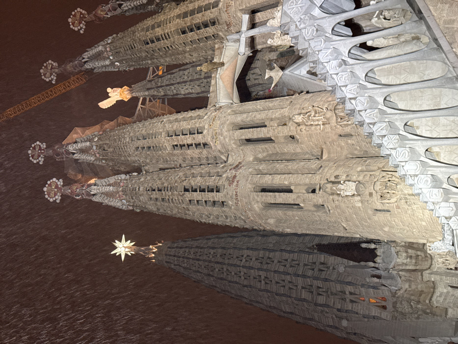 The photo depicts the Sagrada Familia in Barcelona. Its spires are the main focus, rising high against a dark background, likely taken at night. The spires showcase intricate architectural details and embellishments. A prominent star tops one of the spires, brightly illuminated. Reflections of the spires are seen in the foreground, suggesting a body of water or a highly reflective surface. A crane is visible on the left side, indicating ongoing construction.