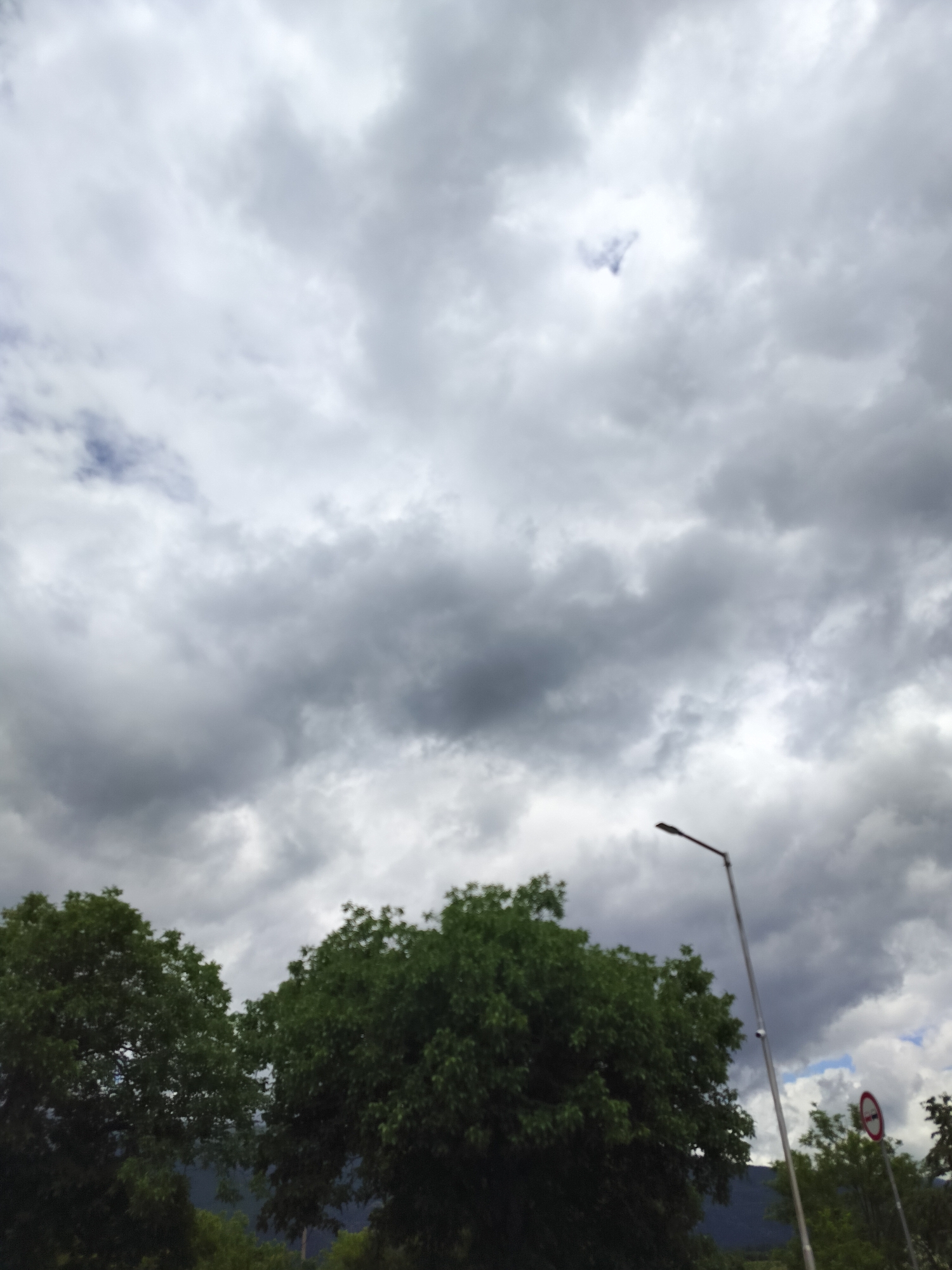 This is a slightly blurry, medium-shot, eye-level, outdoor photograph taken on a cloudy day. The image depicts a sky filled with dark, grey clouds, suggesting an overcast or stormy condition. In the foreground, the tops of several lush green trees are visible. A tall, slender lamppost extends upwards on the right side of the frame, and a circular traffic sign with a red border and a white horizontal bar is affixed to a pole, also on the right. The background shows a mountainous landscape shrouded in mist or clouds. The overall impression is one of natural scenery under a dramatic sky, with man-made elements like the lamppost and sign indicating a presence within or near a developed area, potentially in the vicinity of Tarnicheni, Bulgaria.