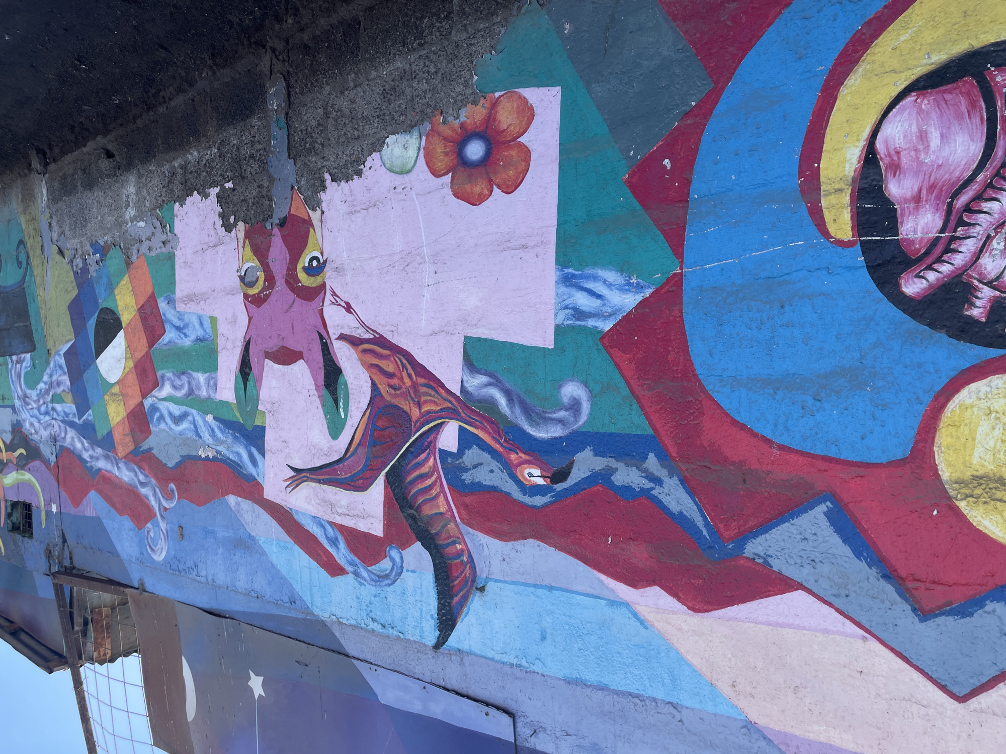 A vibrant and abstract mural is painted on a textured concrete wall in an outdoor urban setting. The mural features a colorful depiction of mountains, a bird with orange and pink feathers flying across the scene, and a pink llama-like creature with yellow and blue eyes. Geometric shapes, a stylized heart, and a single orange flower are also incorporated into the artwork. The wall itself shows signs of wear and tear, with peeling paint and exposed concrete. The ground in front of the wall is dark and appears to be dirt or soil. The overall scene is bright and eye-catching, despite the dilapidated condition of the wall.