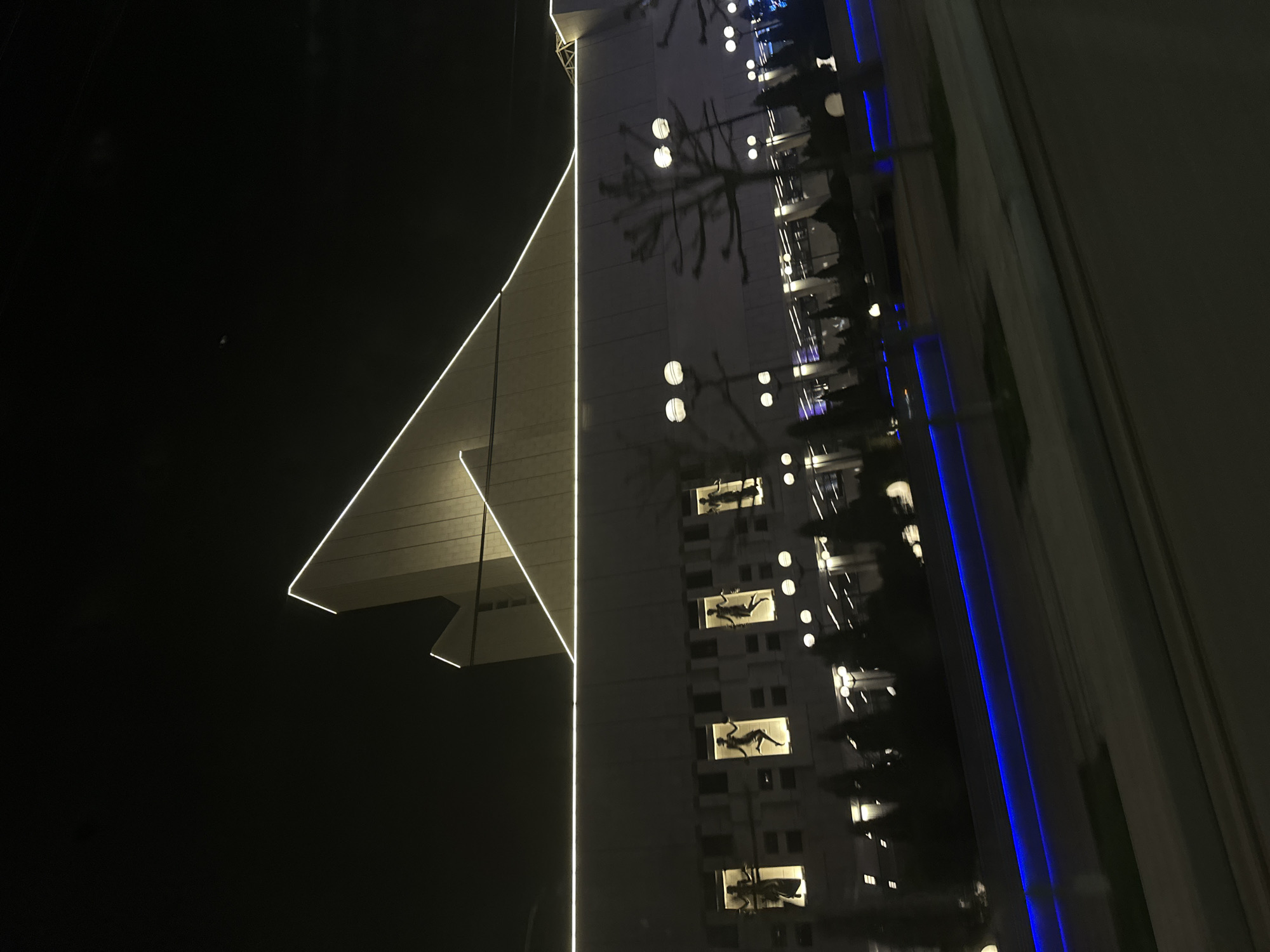 The image shows a nighttime view of a building in Rostov-on-Don, Russia. The building features a modern architectural design with geometric shapes and illuminated edges, including a triangular structure. A tall building with windows and illuminated figures inside is shown. Streetlights and trees are visible near the building.