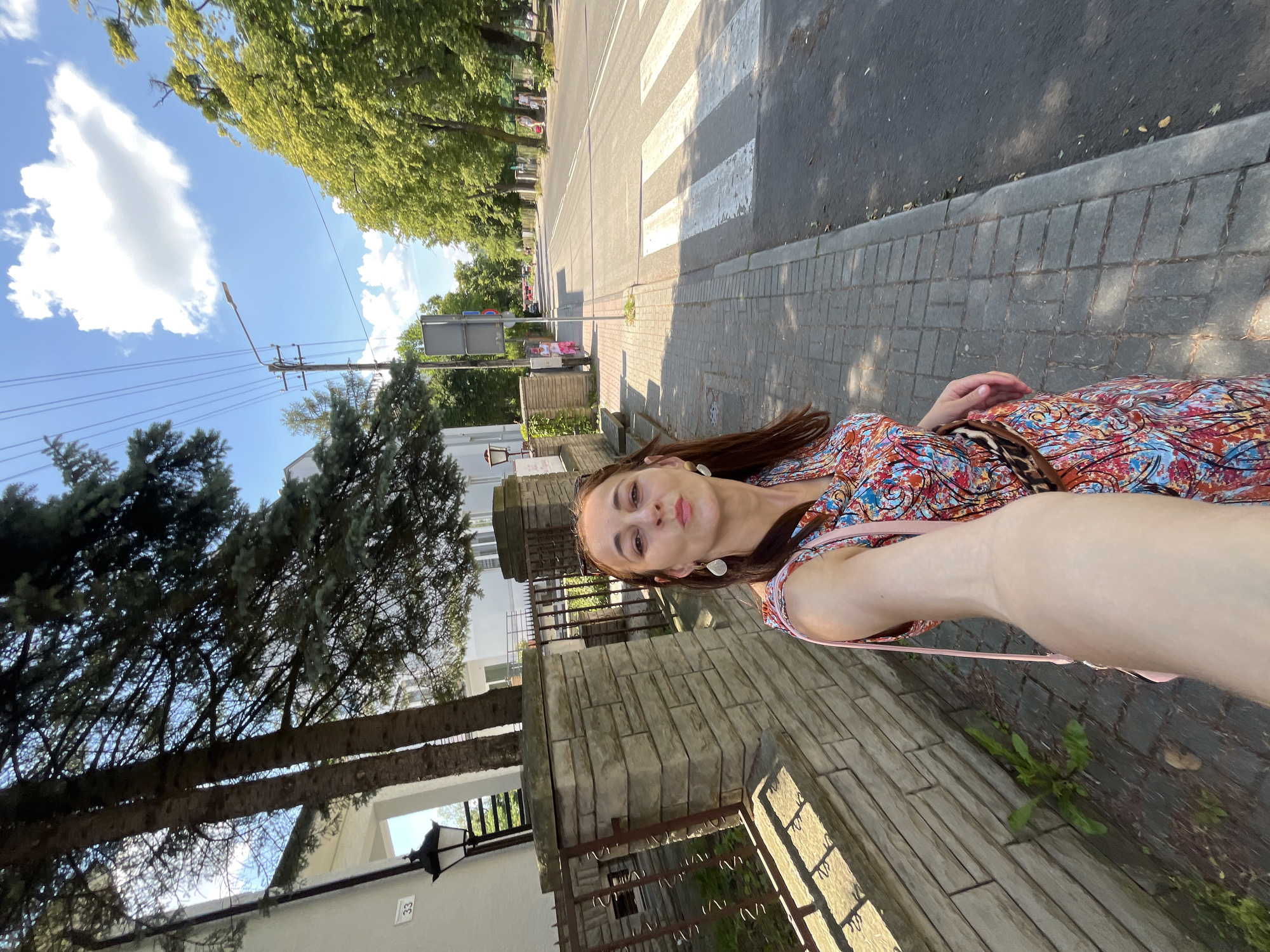 A woman stands on a sidewalk in front of a stone wall, holding her camera out to take a selfie. She is wearing a colorful, patterned dress and a pink purse hangs from her shoulder. The sidewalk is paved with rectangular stones, and there is a crosswalk across the street. The street is lined with trees and power lines. The sky is blue with some clouds. The image appears to have been taken during the day.