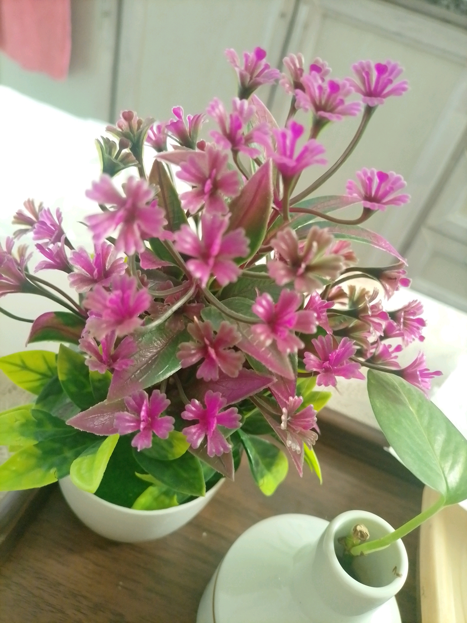 A potted artificial pink flower arrangement with green and pink leaves sits in a white pot. The pot is placed on a wooden surface, next to a light green ceramic vase containing a single green vine. The background is blurred and appears to be an indoor setting with light-colored walls and a pink fabric hanging on the left side. There are no people visible in the image. The scene is indoors, and no specific location in Amman, Jordan, can be determined.