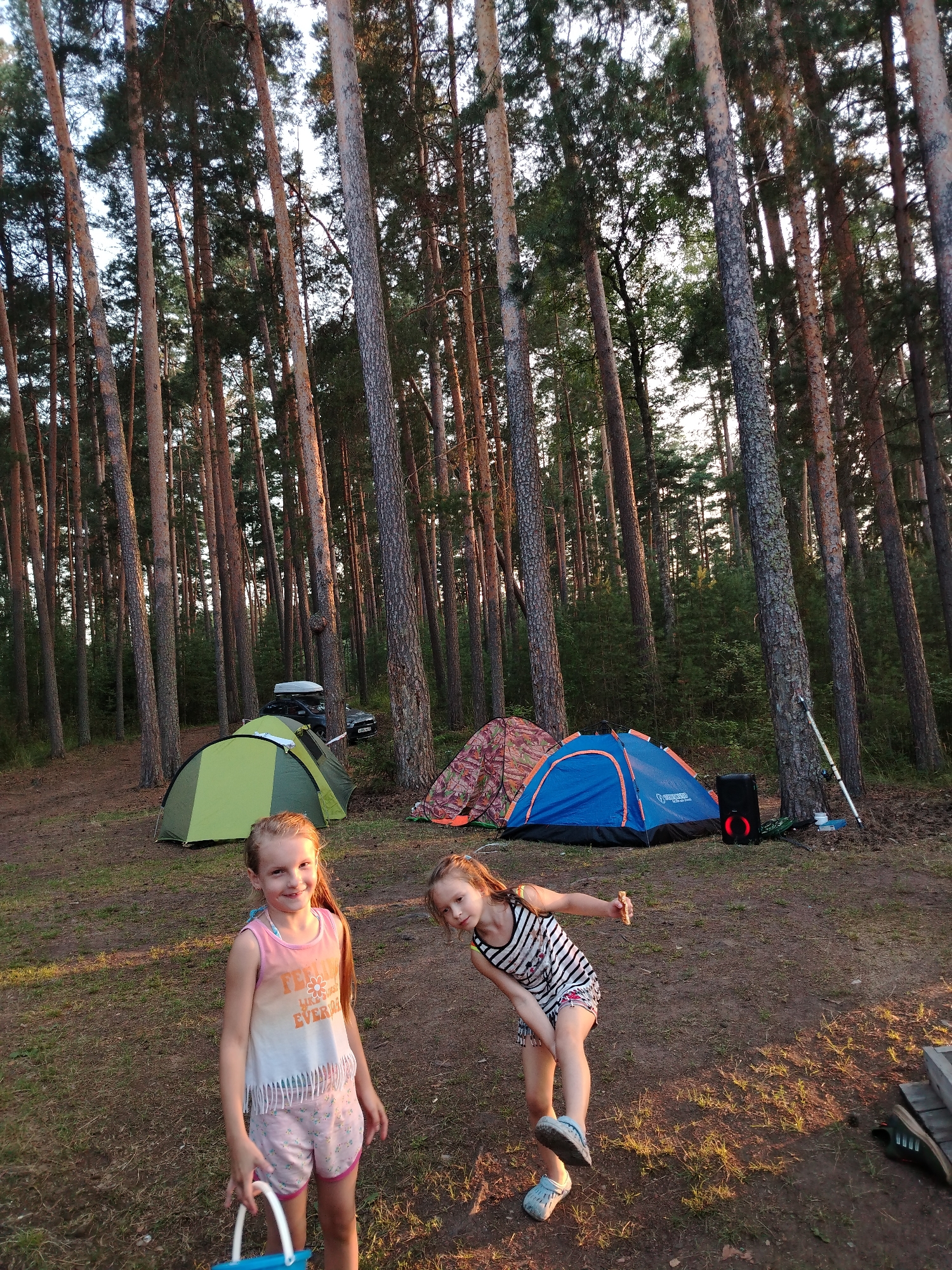 A low-angle, outdoor, full-shot captures two young girls in a pine forest campsite. The girl on the left, with long brown hair and a pink and white tank top with fringe detail, smiles at the camera while holding a blue and white basket. The girl on the right, with her hair tied back and wearing a striped tank top and shorts, is in motion, with one leg extended and her arm outstretched. In the background, three tents are visible: a green tent on the left, a camouflage tent in the middle, and a blue tent on the right. Two cars are parked behind the tents. The ground is covered with dry grass and pine needles, and tall pine trees dominate the scene. The lighting suggests it is either early morning or late afternoon, with sunlight filtering through the trees. The location is a campsite in the city of Chaikovsky, Russia, known for its natural beauty and outdoor recreational opportunities.