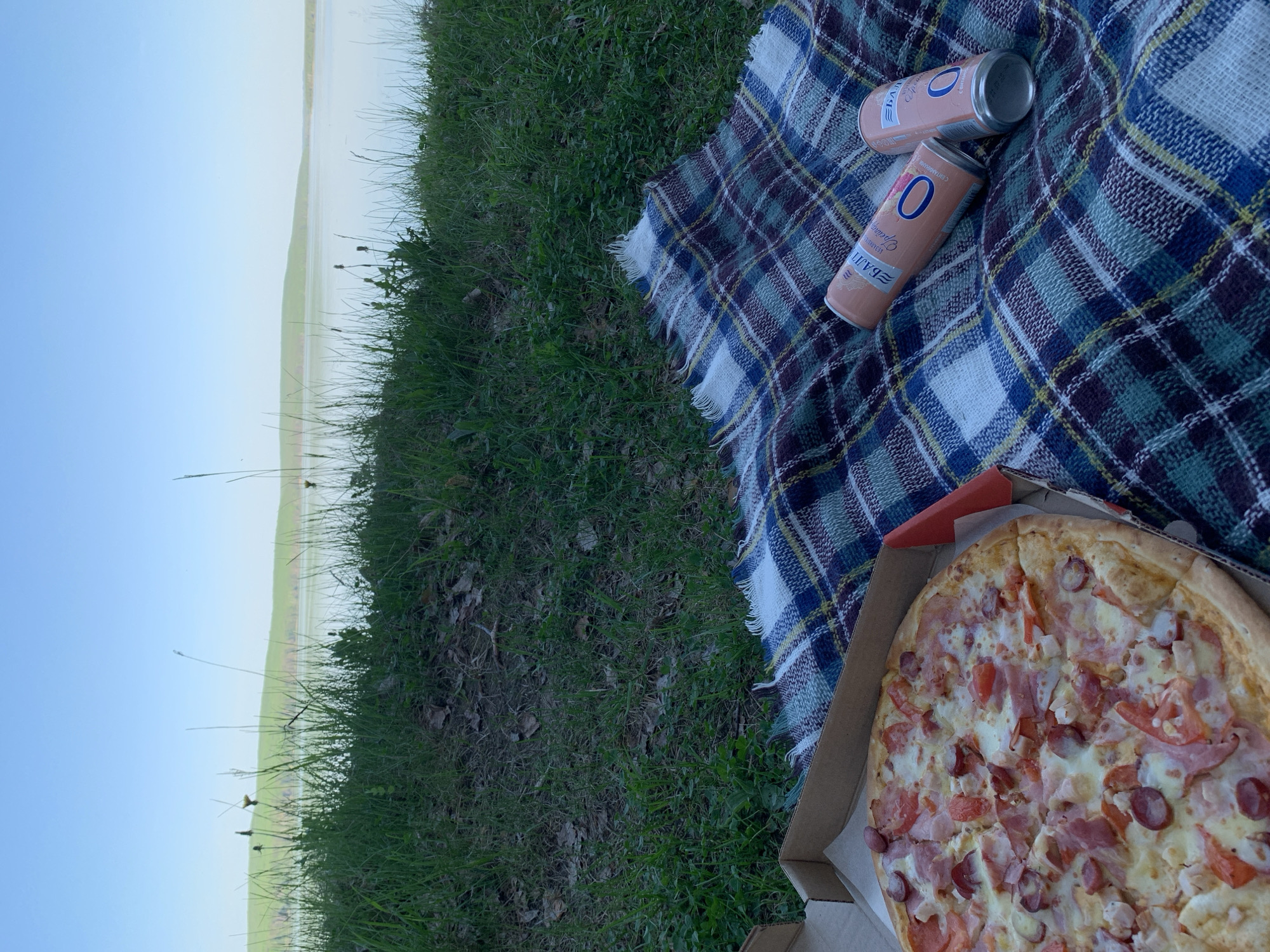 The image depicts a picnic scene outdoors, likely near a body of water. A plaid blanket is spread on the grass, upon which rest three cans of "Baltika 0" non-alcoholic beer and an open pizza box containing a pizza with ham, sausage, and tomatoes. The background shows a grassy area transitioning to a body of water and a clear sky. The photograph was likely taken in Chaikovsky, Russia based on the branding of the beer.