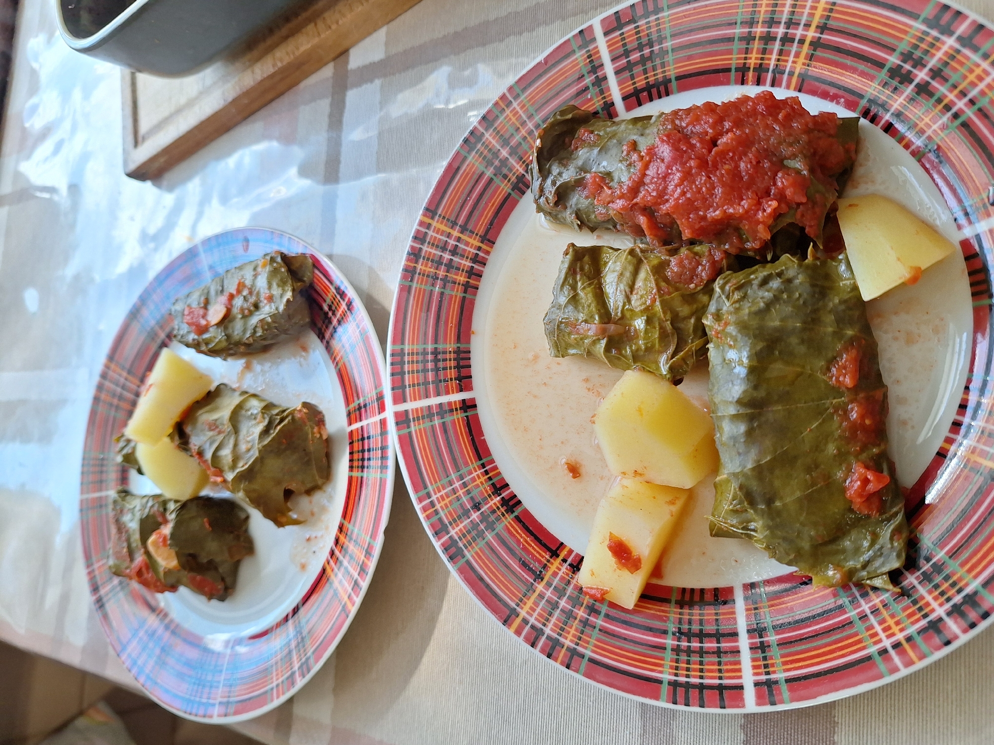 A close-up, eye-level, overhead shot captures two plates of dolmades, a type of stuffed grape leaf, arranged on a table covered with a light-colored, textured tablecloth. The plates have a distinctive red, black, and green plaid pattern around the rim. The dolmades are a deep green color and appear to be filled with a rice and herb mixture, topped with a chunky red tomato sauce. Several pieces of boiled potato are interspersed with the dolmades on both plates.
The plate in the foreground is closer to the viewer and contains four dolmades and three pieces of potato. The plate in the background is slightly out of focus and contains three dolmades and two pieces of potato.
To the right of the foreground plate, a portion of a dark gray pot is visible, resting on a light brown wooden cutting board. The background is softly blurred, showing the continuation of the tablecloth and hints of a bright, possibly natural, light source.
The image is devoid of any humans or visible signs of the city of Gorodishche, Russia. The scene is static and focused on the presentation of the food.