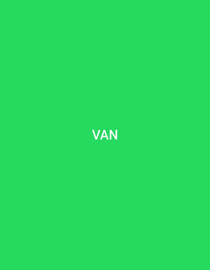 The scene, set in the city of Casablanca, Morocco, is a graphic display featuring a uniform, bright green background. Centered horizontally and vertically within the frame, the capitalized word "VAN" is presented in clear white sans-serif lettering. No other subjects, objects, people, actions, interactions, or environmental elements are depicted.