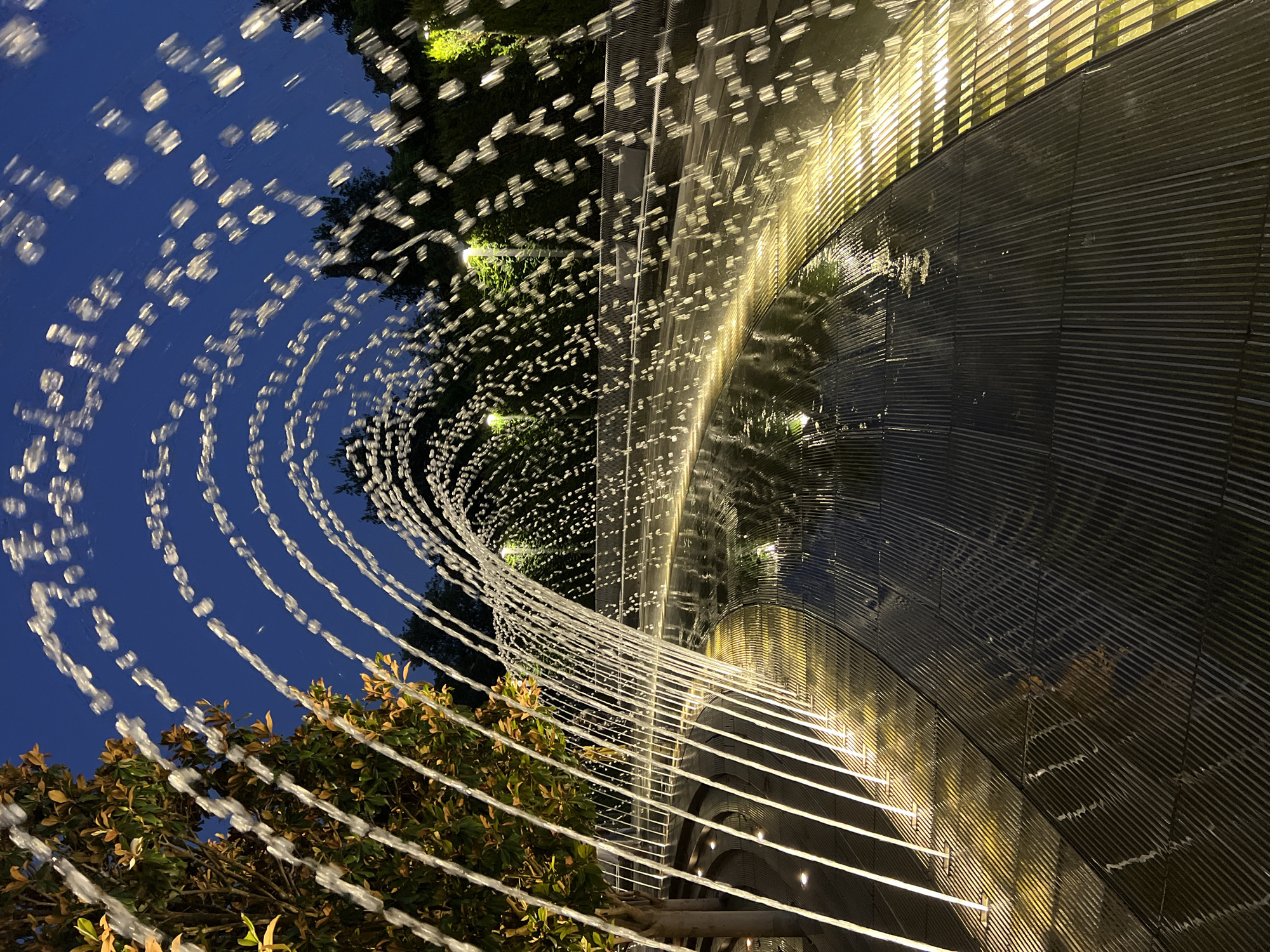 This image depicts an illuminated fountain display at night. Several rows of water jets arc across the frame, creating a tunnel-like effect. The water droplets catch the light, appearing as sparkling streaks against the dark blue sky. The fountain's basin is a curved, dark surface with a ribbed texture, reflecting the overhead lights and the water streams. Trees with illuminated foliage are visible to the left, and more trees and bushes line the background. Several strategically placed lights illuminate the scene with a warm yellow glow, highlighting the water and the reflective surfaces. There are no people visible in the image.
This image was taken in the city of Krasnodar, Russia. Specifically, the fountain is located in the "Park of the 30th Anniversary of the Victory" (Парк 30-летия Победы). This particular fountain is known as the "Fountain of Love" (Фонтан Любви).