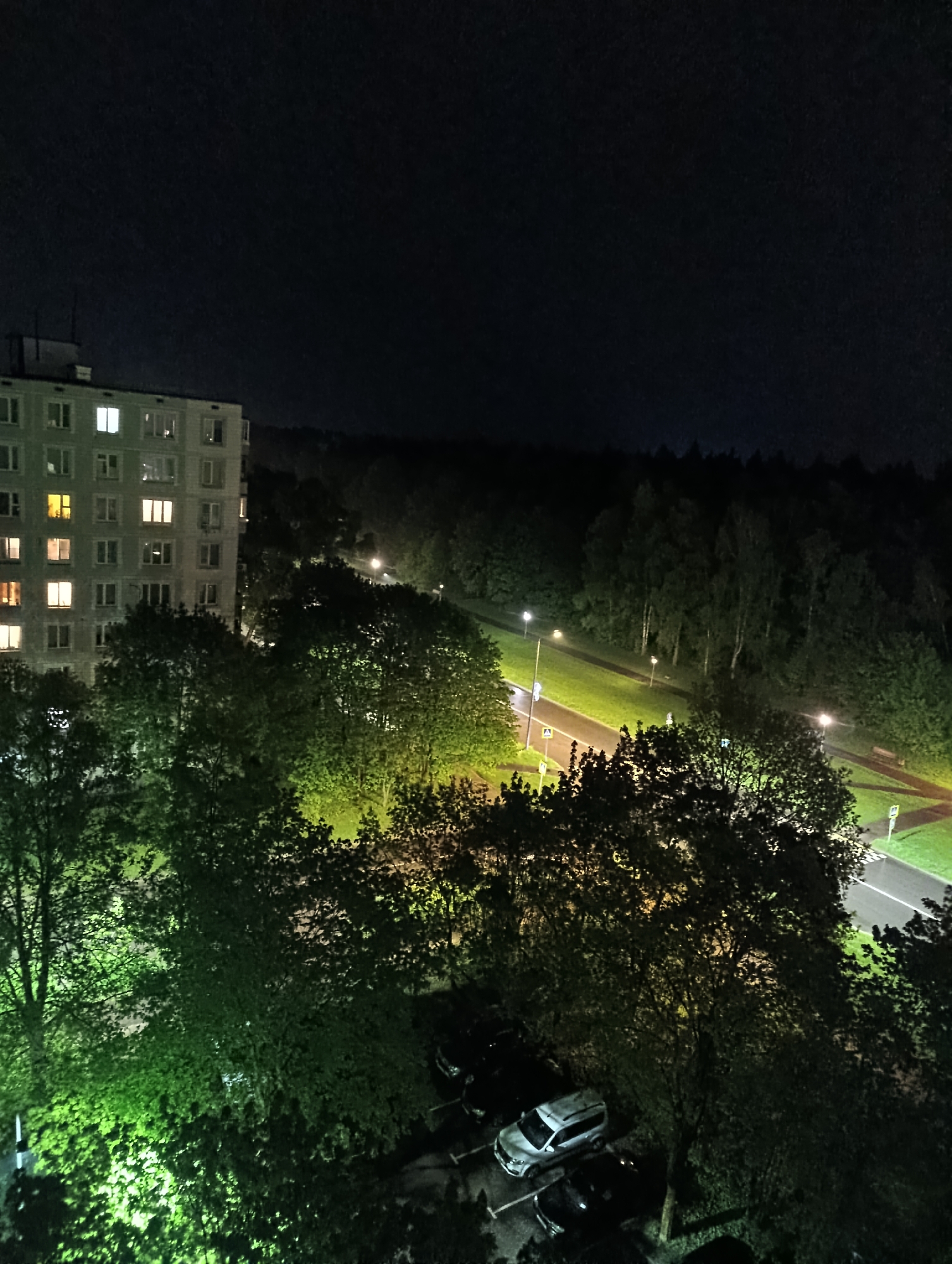 Here's a detailed description of the image:
**Scene:** Nighttime view from an elevated position, likely a building or high point, overlooking a city landscape.
**Environment:** The scene is dark, typical of nighttime. Light sources are present, including streetlights along a road and illuminated windows in a high-rise building. The air quality is not discernible, but the scene has a grainy quality, possibly indicating low light conditions.
**Objects:**
* **Building:** A multi-story, concrete high-rise building is visible on the left side of the frame. The windows are rectangular.
* **Road:** A paved road runs through the center of the image, illuminated by streetlights.
* **Vegetation:** Numerous trees are in the foreground and along the road. They are in full foliage.
* **Cars:** Several cars are parked near the trees, in what looks like a parking area.
* **Streetlights:** evenly spaced along the road.
* **Park:** A small park with a crosswalk is visible in the background.
**Actions:**
* There are no visible human actions or interactions. The scene appears static.
**Location:** The exact location is not immediately identifiable. The style of the building is indicative of older East-European buildings.
**Overall Impression:** The image captures a peaceful, quiet scene at night. The contrast between the artificial lights and the dark sky and trees creates a somewhat urban environment.