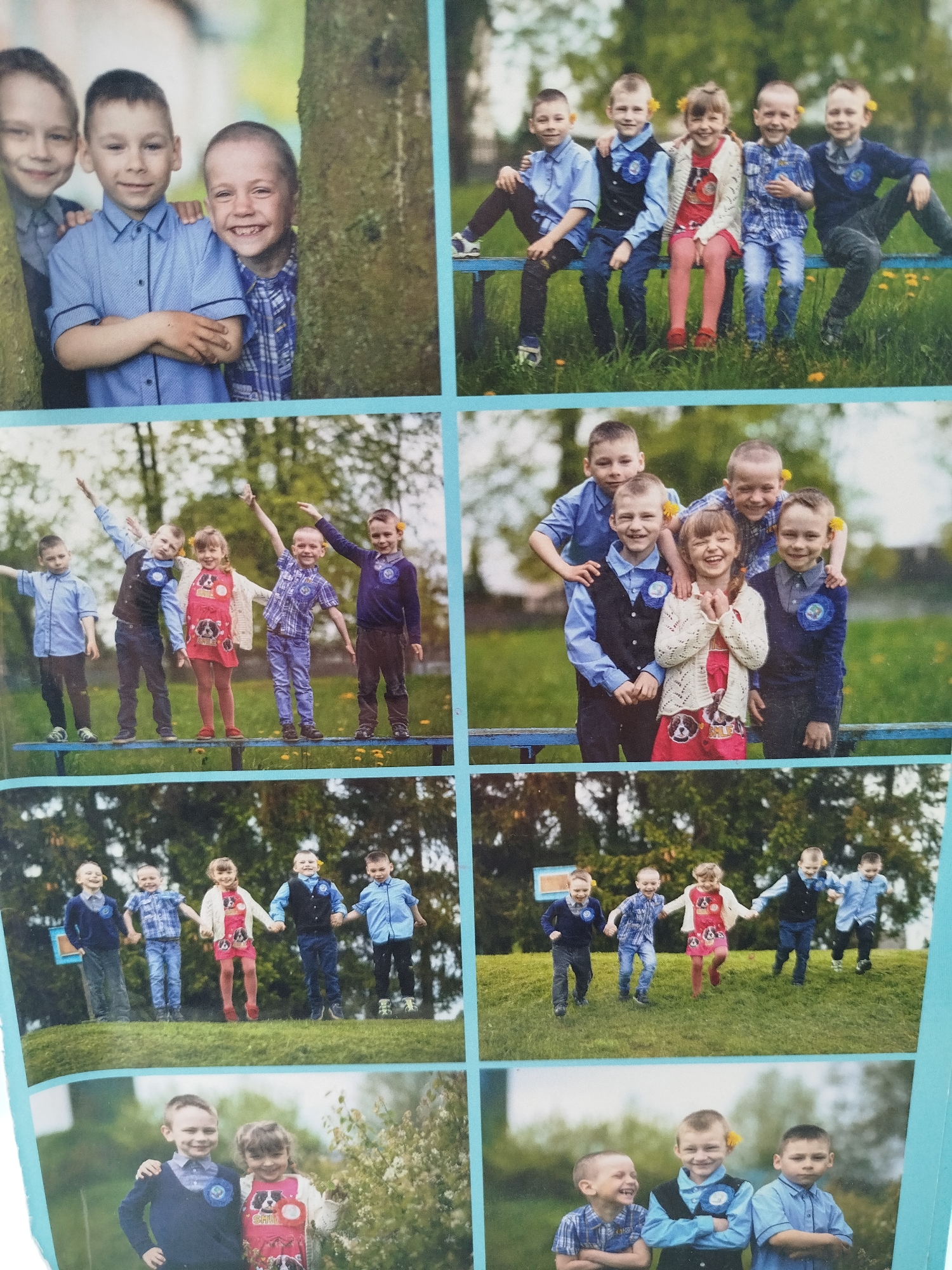 The image is a collage of photographs featuring groups of children, likely from a school or event, posing outdoors. The setting appears to be a park or rural area with trees, grass, and some man-made structures like benches. The children are dressed in formal attire, including shirts, vests, and dresses, suggesting a special occasion. Some are smiling and interacting with each other, while others are looking directly at the camera. The overall mood is cheerful and innocent.
The photographs are arranged in a grid-like pattern, with a prominent blue border surrounding the entire collage. The top row shows two separate images: one with three boys peeking from behind a tree, and another with five children sitting on a bench. The middle row displays two more images: one of five children standing on a bench and another of five children in a group pose. The bottom row features two more images: one with two children and another with three children. The images are crisp and clear, suggesting they were taken with a good quality camera. The lighting is natural and well-distributed, highlighting the subjects and their surroundings.
The specific location mentioned, Крывасельскі сельскі Савет, Belarus, indicates that the photos were taken in a rural administrative unit within Belarus. This context suggests that the children are likely from a local school or community, and the event might be a school picnic, graduation, or other celebration. The natural, outdoor setting with trees and grass further supports the idea of a rural Belarusian environment.