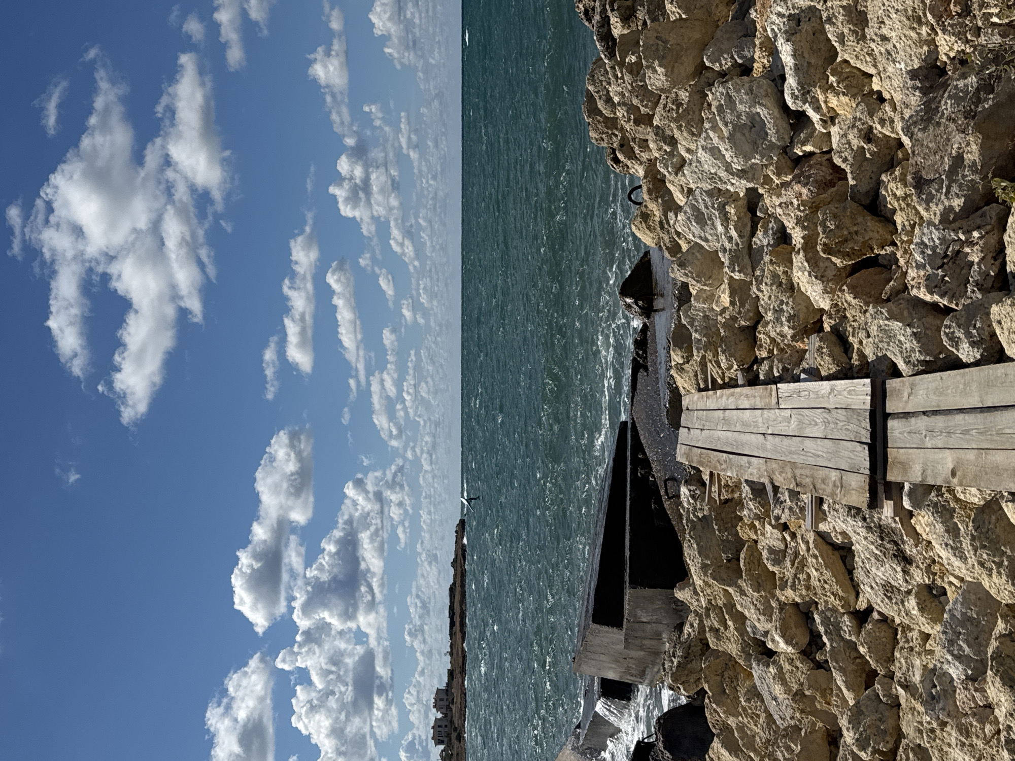 The image depicts a rocky shoreline with a wooden walkway leading towards the choppy sea under a partly cloudy sky. In the distance, land with buildings and a person engaged in watersports are visible. The scene is set in Sevastopol, Ukraine.