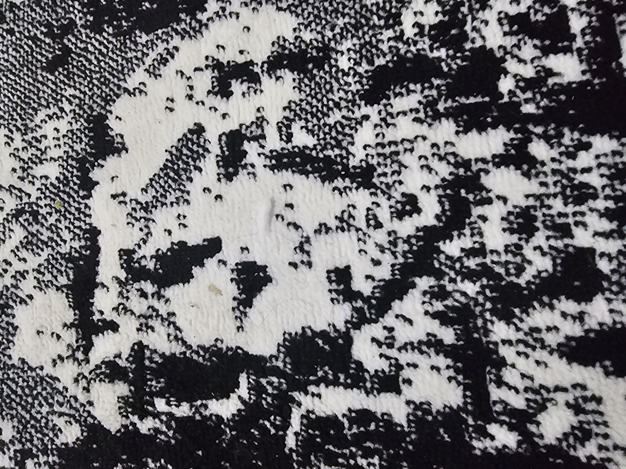 The image displays a close-up, overhead view of a textured surface, possibly a carpet or rug, with a black and white abstract pattern. The pattern consists of irregular splotches and scattered dots of black against a white background. The texture appears somewhat fuzzy or plush. There is no discernible location in the city of Lamongan, Indonesia, or any contextual information to suggest it. The image is devoid of people, actions, or interactions.