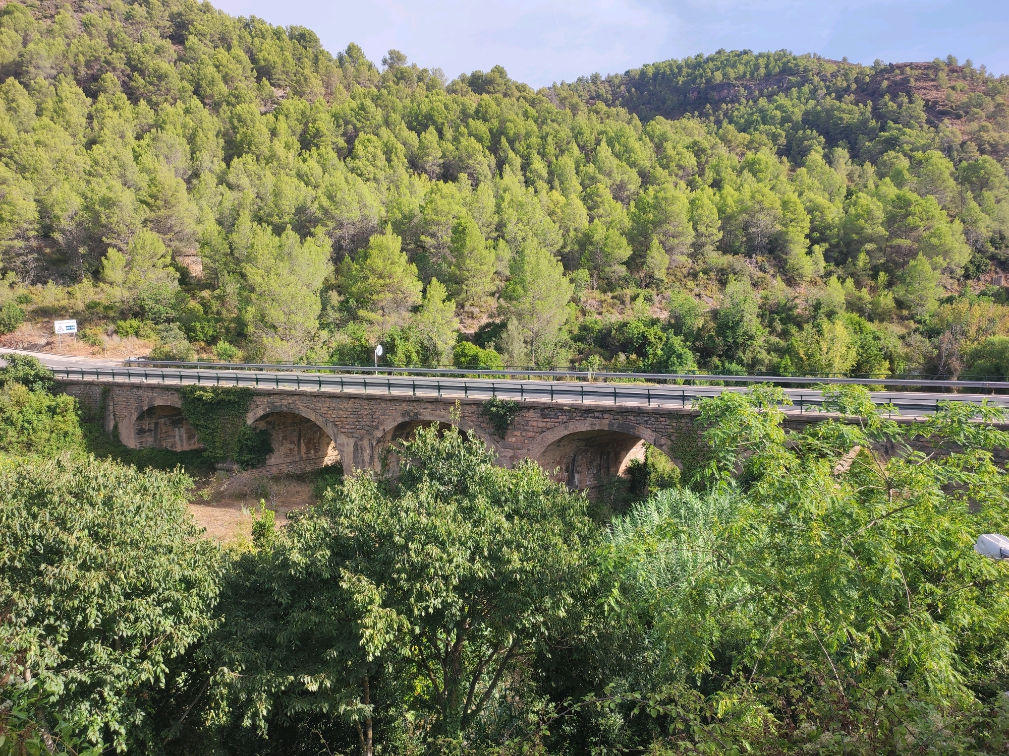 The image depicts a scenic view of a stone arched bridge spanning a dry riverbed, with a dense pine forest covering a hillside in the background. The bridge, made of weathered stone, features multiple arches, some of which are partially covered in ivy. A road runs across the top of the bridge, bordered by guardrails. To the left of the bridge, a road sign with a speed limit warning of "40-60" is visible. The foreground is filled with lush green trees and foliage, suggesting a natural, possibly rural, setting. The sky above is a clear, pale blue with some wispy clouds. The overall impression is one of a tranquil, sun-drenched landscape. This location is identified as being in the municipality of Sueras, Castellón, Spain.