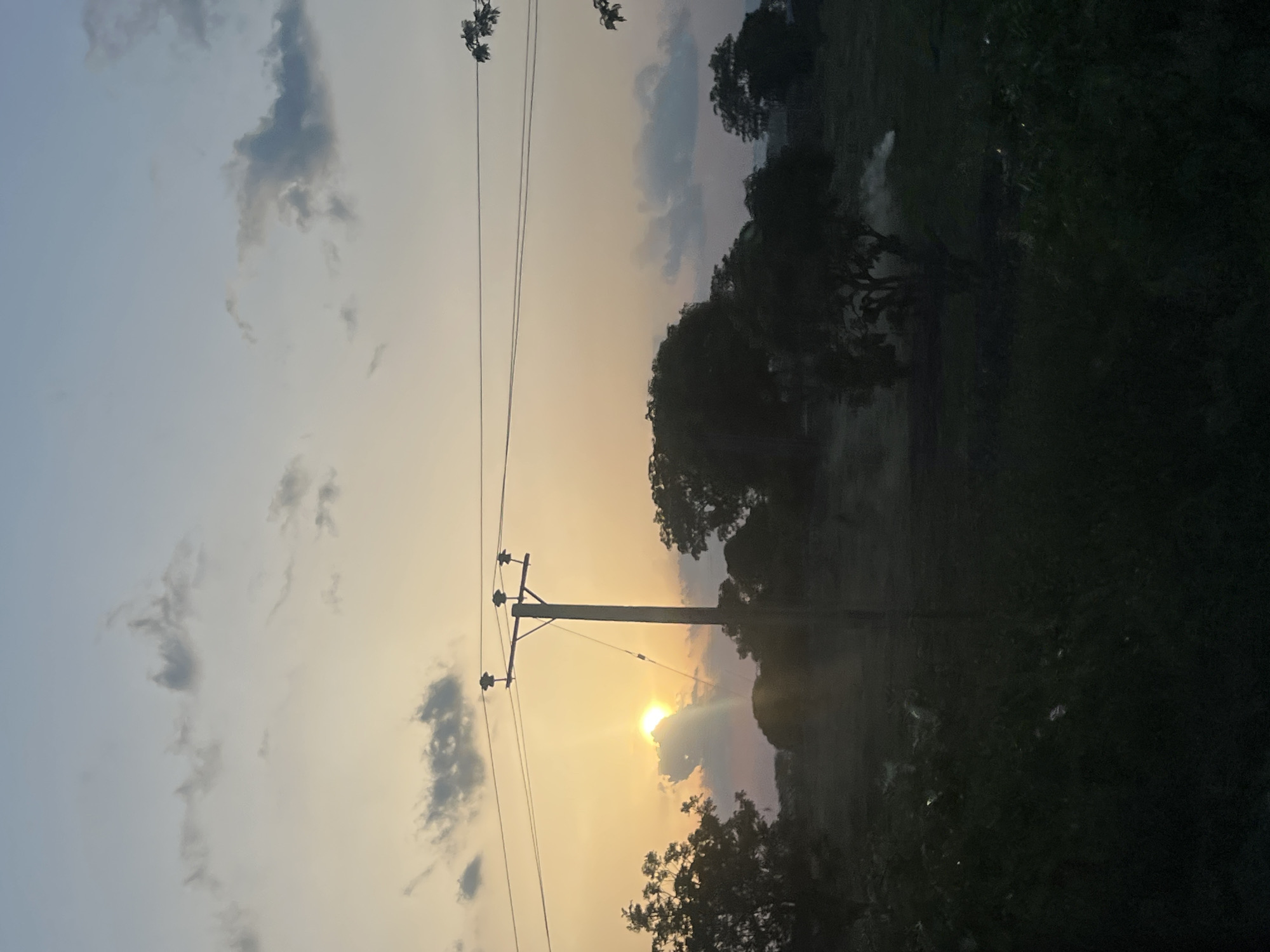 The image portrays a rural landscape in Rinjim Gani, Nigeria, captured during sunset. The sky displays a gradient from light blue at the zenith to a prominent golden-orange at the horizon. Scattered grey clouds are visible, with one cloud partially obscuring the bright, intense sun, which emits discernible rays. A wooden utility pole, equipped with three insulators, supports overhead power lines that stretch horizontally across the middle of the frame, silhouetted against the luminous sky. The midground and foreground consist of dark, heavily silhouetted trees and dense vegetation. A plume of white smoke is observed rising from the ground in the mid-right portion of the image, consistent with localized burning activity. No human figures or discernible structures other than the utility pole are present.