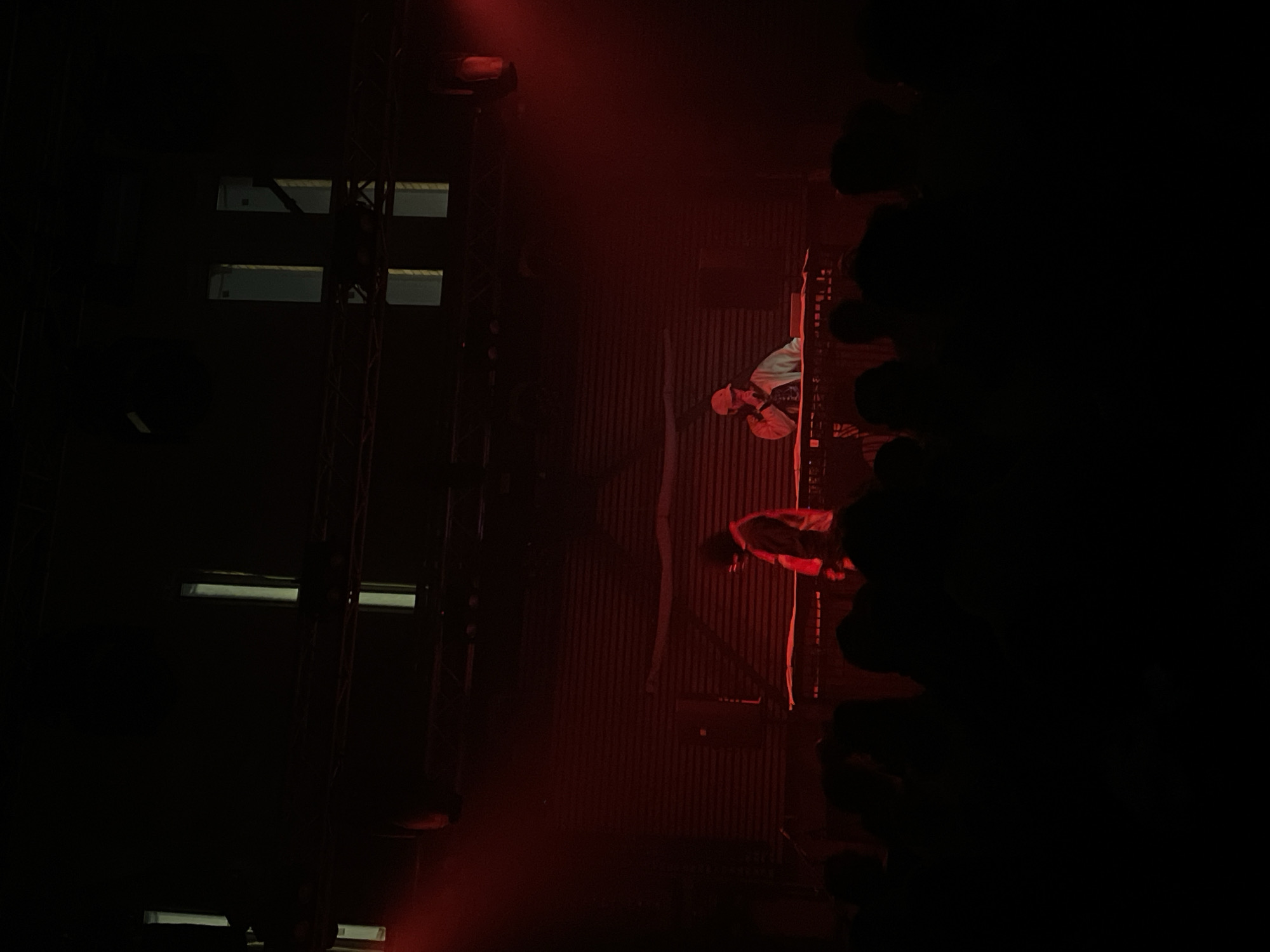 The image shows a dimly lit interior, likely a performance space or warehouse, with a red light cast upon the scene. Two individuals are visible, seemingly suspended or performing aerial acts on a metal structure. The background appears to be a corrugated wall. A metal scaffolding structure stands near the edge of the image. The rest of the background is extremely dark.
Given the limited information and lack of distinguishing features, identifying the exact location in Saint Petersburg, Russia is impossible.