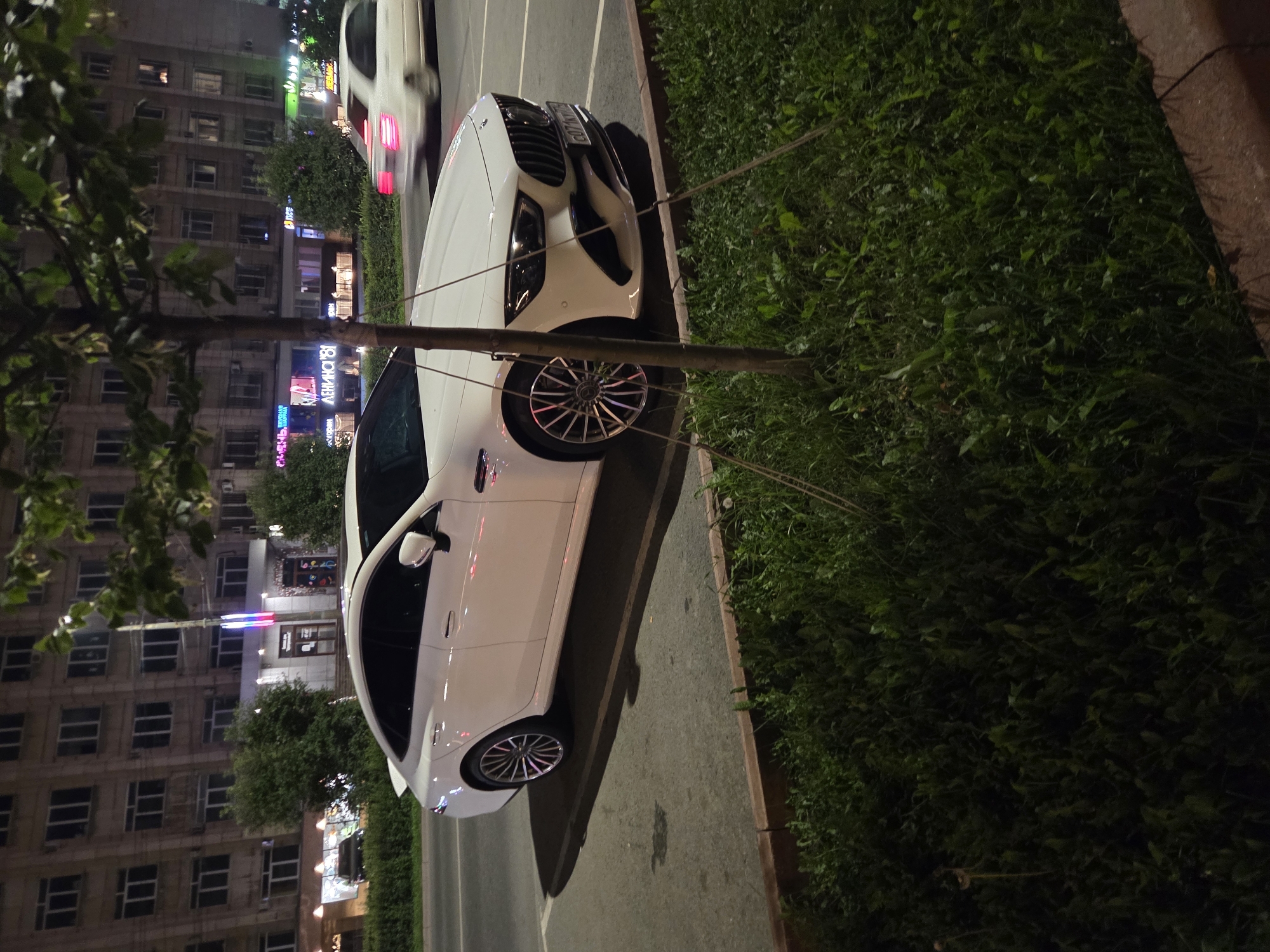 The image shows a white Mercedes-Benz GT four-door coupe parked on a city street at night in Chelyabinsk, Russia. The car is positioned on the right side of the frame, facing towards the viewer's left. It is parked on asphalt, with a curb and grass to its right. In the background, there is a multi-story building with many windows, some of which are illuminated. A white sedan is visible in motion on the road to the right of the Mercedes. Several storefronts with illuminated signs are also visible in the background, including one with the Cyrillic text "ЛЕНИНГРАД" (Leningrad). A thin tree stands in the foreground, partially obscuring the car. The overall scene suggests a typical urban environment at night.