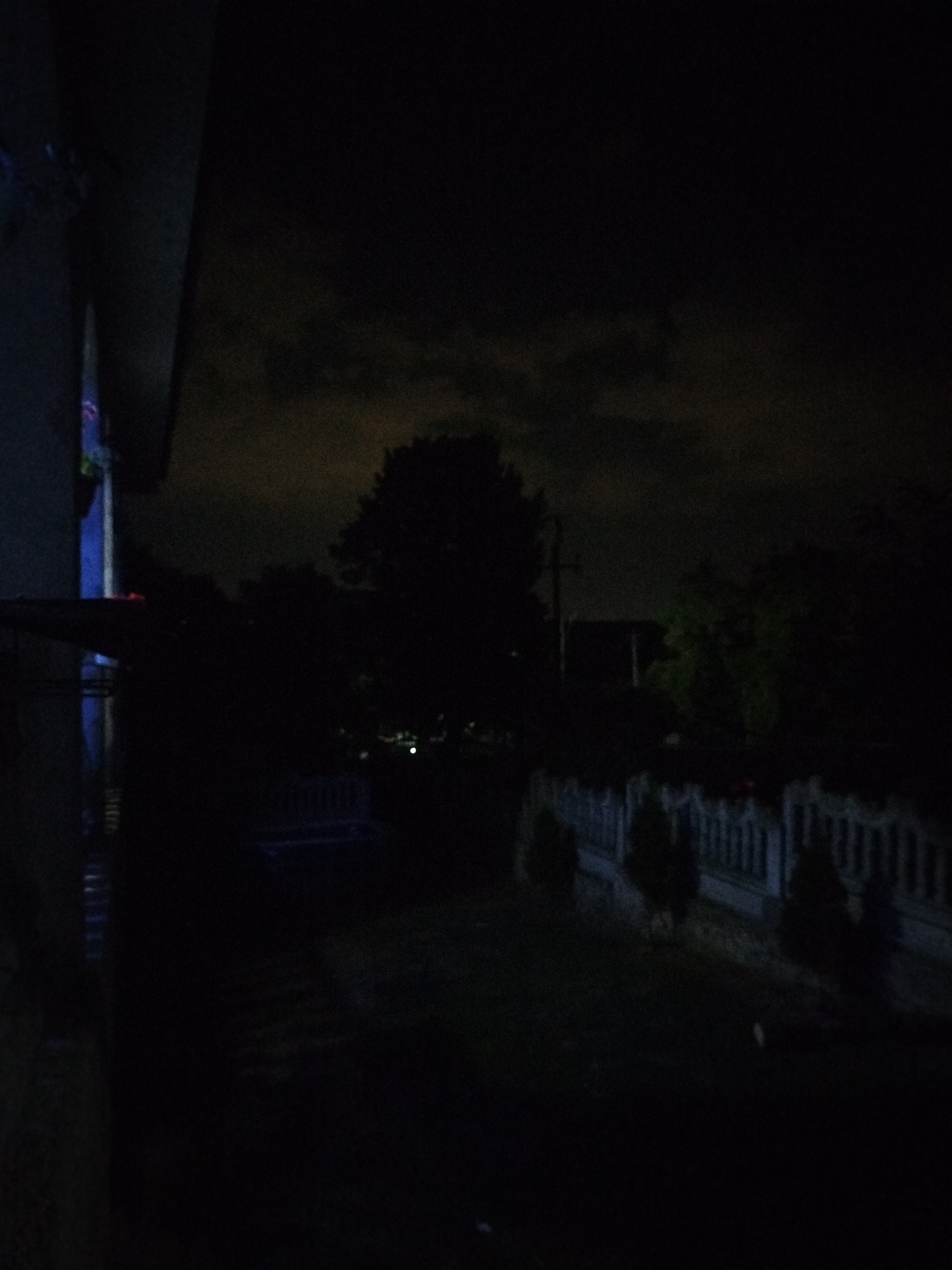 The image depicts a nighttime outdoor scene, likely in the city of Nimoreni, Moldova, characterized by low light conditions. In the foreground, a dark, textured surface, possibly a wall or a building exterior, occupies the left side of the frame. A vertical element with a blue hue is visible on this surface, suggesting artificial lighting. Beyond this, a dark, silhouetted tree dominates the mid-ground. Behind the tree, a white fence with vertical posts stretches across the frame, partially obscuring a lawn or grassy area. Small, dark evergreen trees are planted along the fence line. In the background, faint outlines of buildings and a utility pole are discernible against a dimly lit sky with visible clouds. The overall atmosphere is dark and somewhat overcast, indicative of a nighttime setting with limited illumination.