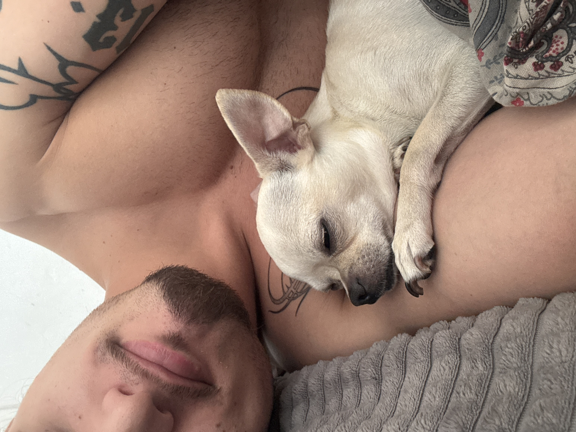 An overhead shot captures an adult male and a small, light-colored dog resting in an indoor setting. The male subject is positioned on his back, visible from the chest upwards, bare-chested with light skin tone and sparse body hair. He has a neatly trimmed beard and mustache, and his lips are slightly parted in a faint, relaxed smile. Distinct dark tattoos are visible: one large, abstract or tribal design covers his right arm and shoulder (viewer's left), and a smaller, stylized symbol resembling animal horns or an ornate letter is on his upper left chest (viewer's right).
A small, cream-colored Chihuahua-type dog is curled up and sleeping peacefully on the male's chest and shoulder. Its eyes are closed, and one prominent, upright ear is visible. Its front paws, with visible claws, rest gently on the male's arm.
The subjects are partially covered by bedding. A grey, horizontally ribbed or textured blanket is positioned on the left side of the frame, beneath the male's left arm and shoulder. On the right side, a patterned fabric, possibly a bedsheet or pillowcase, displays red and grey floral or paisley motifs against a lighter background. The background above the male's head is a plain, undifferentiated white surface, suggesting an interior wall or ceiling. The scene is illuminated by soft, ambient lighting.