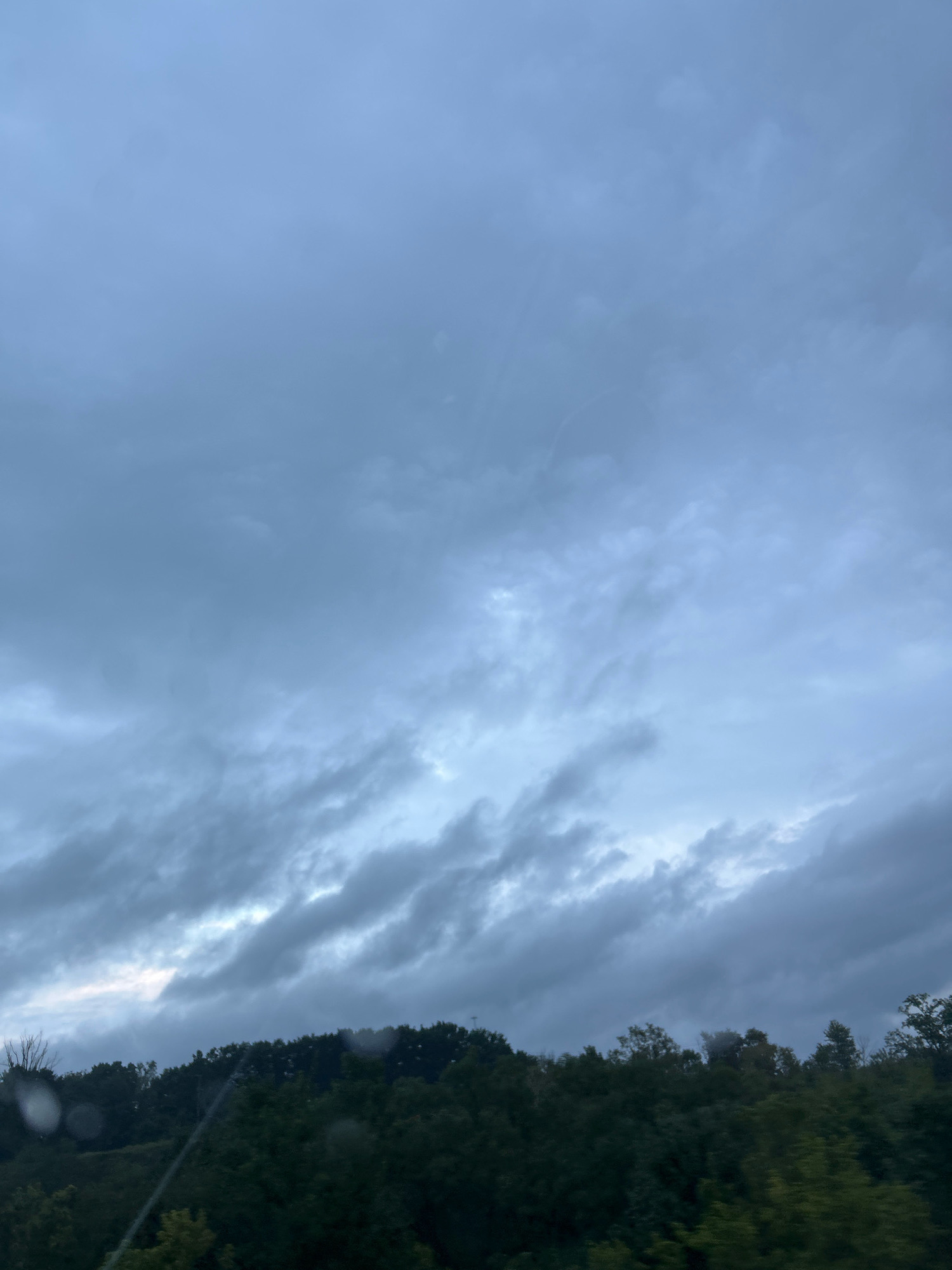 A cloudy, overcast sky looms above a dense line of dark green trees that form a natural horizon. The trees are silhouetted against the muted sky, obscuring any details of the terrain behind them. The overall impression is one of a cloudy day in a wooded area, likely in a rural or suburban setting. The specific location in Collier Township, United States of America, cannot be determined from the image alone.