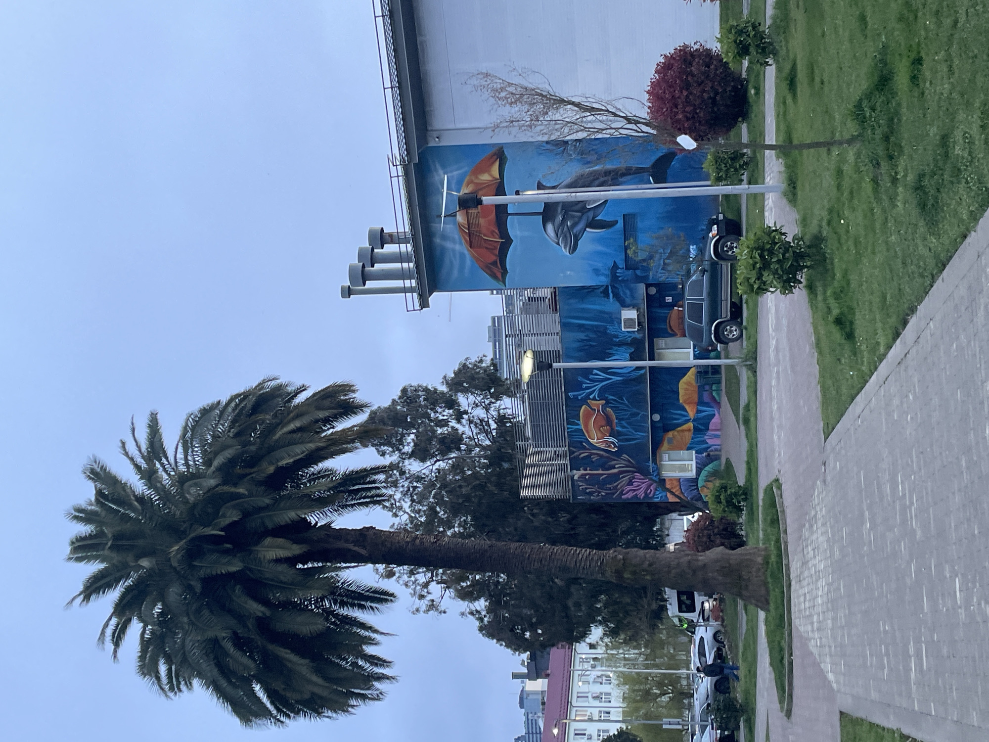 The image depicts a street scene in Batumi, Georgia. A tall palm tree is prominently featured in the foreground. Adjacent to it is a building with a large mural depicting marine life, including dolphins and fish. A dark-colored SUV is parked next to the building. A paved sidewalk runs along the side of the building, with patches of grass and small trees planted between the sidewalk and the building. In the background, other buildings can be seen, as well as people standing near parked cars. The sky is overcast.