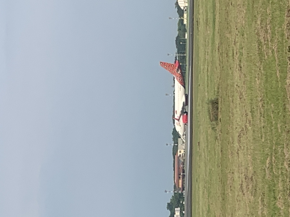 The image displays an airport environment under an overcast light blue-grey sky, located in the city of Desa Ngesrep, Indonesia. A white passenger jet aircraft, identifiable by its Batik Air livery with red engine cowlings and a red and brown traditional batik pattern on its vertical stabilizer, is centrally positioned in the midground. The aircraft rests on an asphalt taxiway or runway, oriented slightly towards the left of the frame. In the background, beyond the paved surface, several light-colored airport buildings with reddish-brown roofs are visible, accompanied by multiple white poles topped with small fixtures. A dense line of green trees forms the distant horizon. The foreground consists of a flat, expansive area of green and desiccated brown grass. No individuals or active interactions are present in the scene.