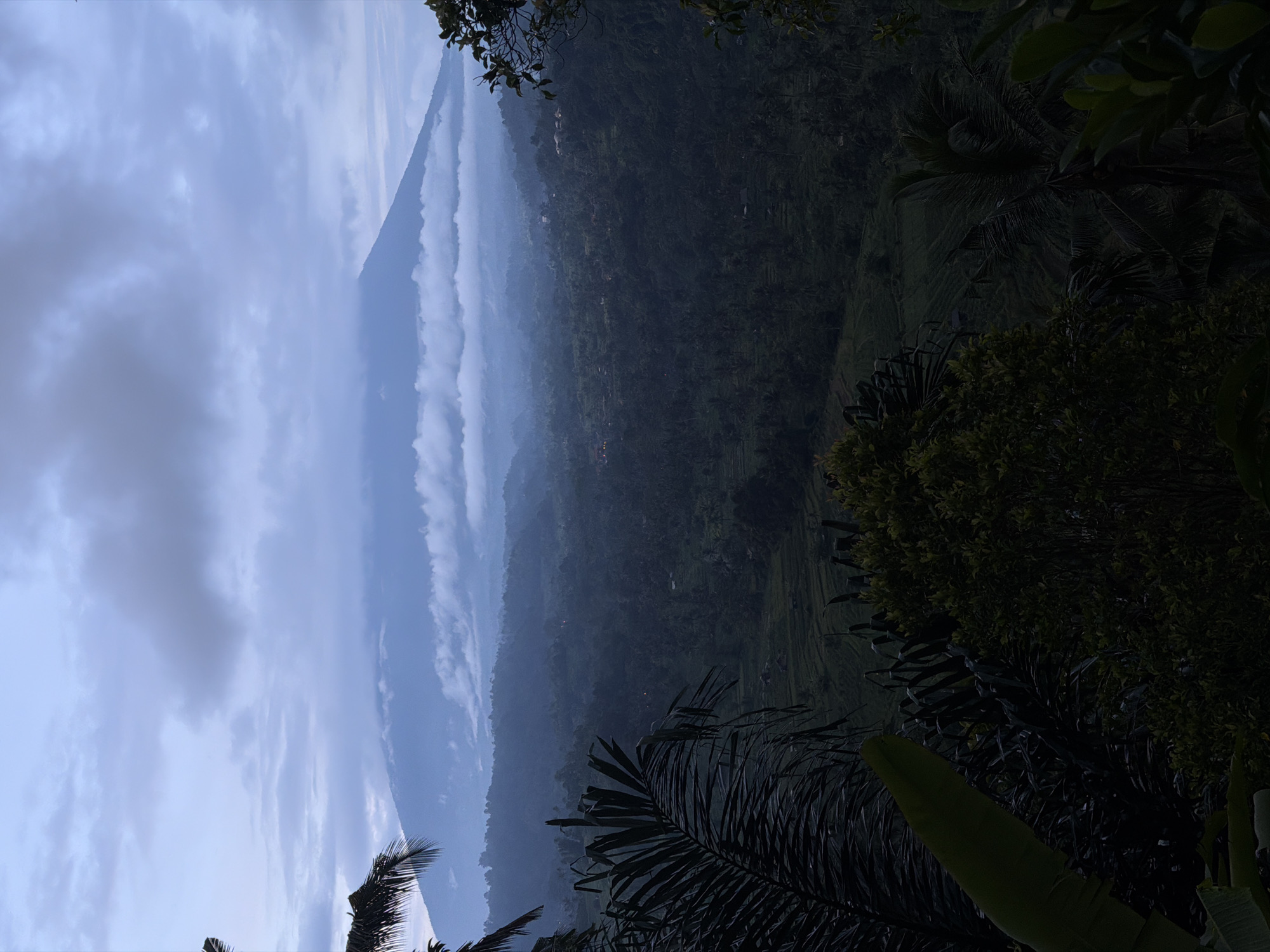 The image shows a landscape in Sidemen, Indonesia, featuring a large mountain partially obscured by clouds in the background. The sky is overcast. In the foreground, there is lush tropical vegetation including palm trees and various other plants. The scene is partially obscured by shadow, and the overall lighting indicates that it is either dawn or dusk.