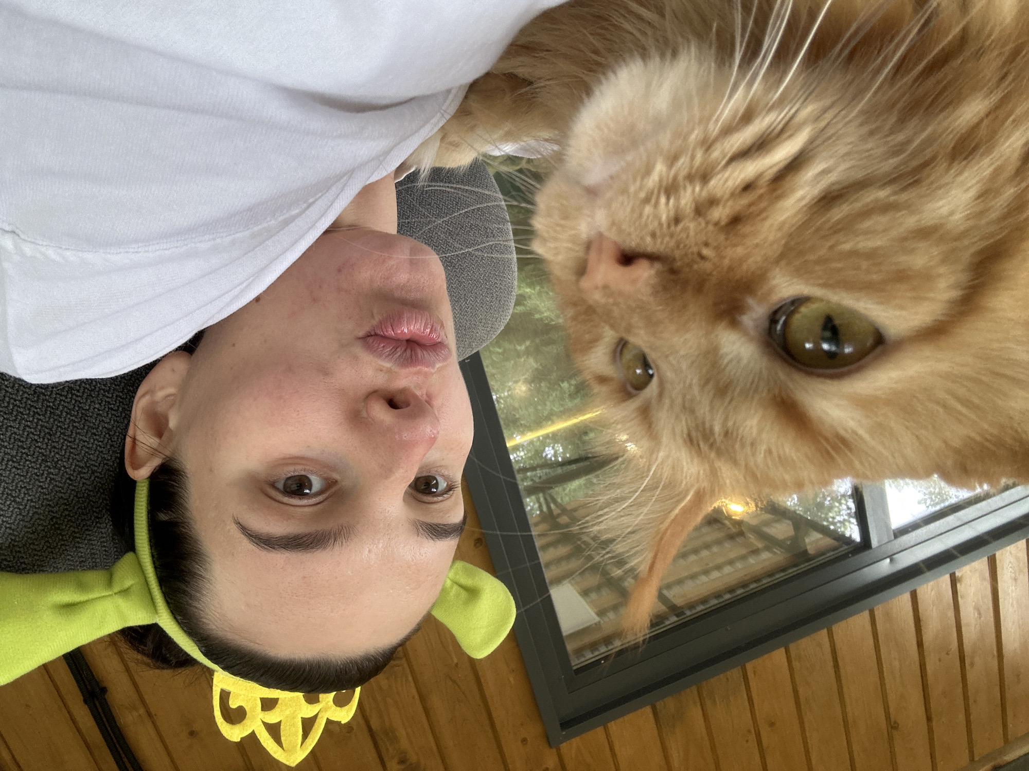 A selfie taken indoors, likely in a rural setting or a home with wooden exterior walls. A ginger cat with fluffy fur is in the foreground, positioned to the left, looking towards the camera with its green eyes. To the right, a young woman with dark hair is also looking at the camera, puckering her lips. She is wearing a yellow crown headband with green ear-like attachments. The background shows a wooden paneled wall and a large window with a reflection of trees and the sky. The woman is wearing a white hooded sweatshirt. The overall scene suggests a casual, lighthearted moment between the woman and her cat. The provided location of Прикамский, Russia, indicates a potential geographical context for the image.