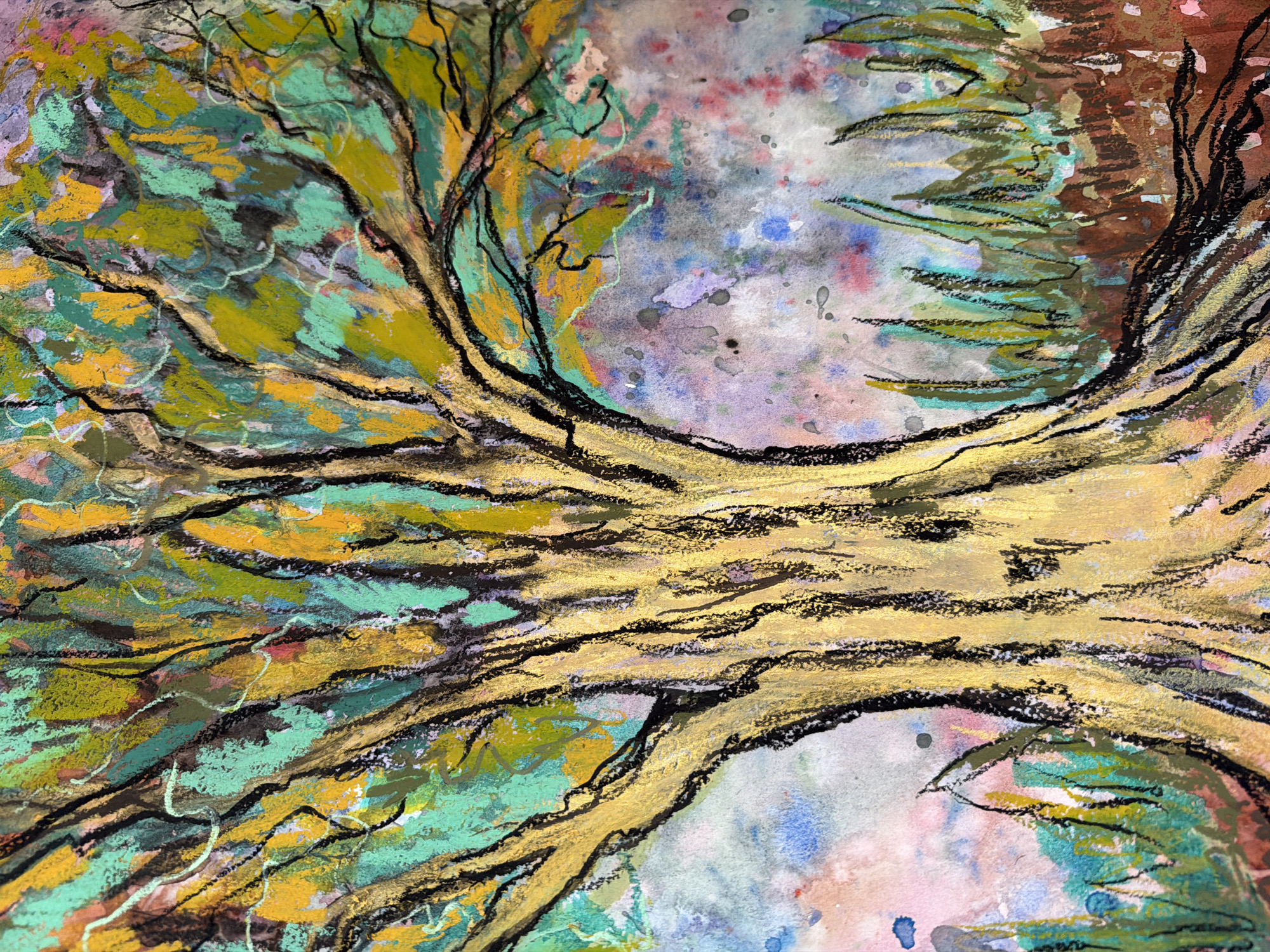 This is a close-up, low-angle, full shot of a painting of a large tree with textured, bold brushstrokes. The tree's trunk is a dominant feature, rendered in thick, golden-yellow lines with black accents, giving it a gnarled and aged appearance. The branches extend upwards and outwards, filled with a vibrant canopy of green, yellow, and turquoise hues, also depicted with energetic, textured strokes. The background is a soft wash of watercolor in shades of pink, purple, blue, and gray, with splatters and drips, suggesting an abstract or impressionistic sky or landscape. Some blades of grass are visible at the base of the tree, rendered in similar textured strokes of green and brown. The overall impression is one of a richly textured, somewhat abstract natural scene. There are no people, actions, or interactions depicted, as this is a painting. The location in Ufa, Russia is not discernible from the image itself, as it is a work of art and not a photograph of a specific place.
