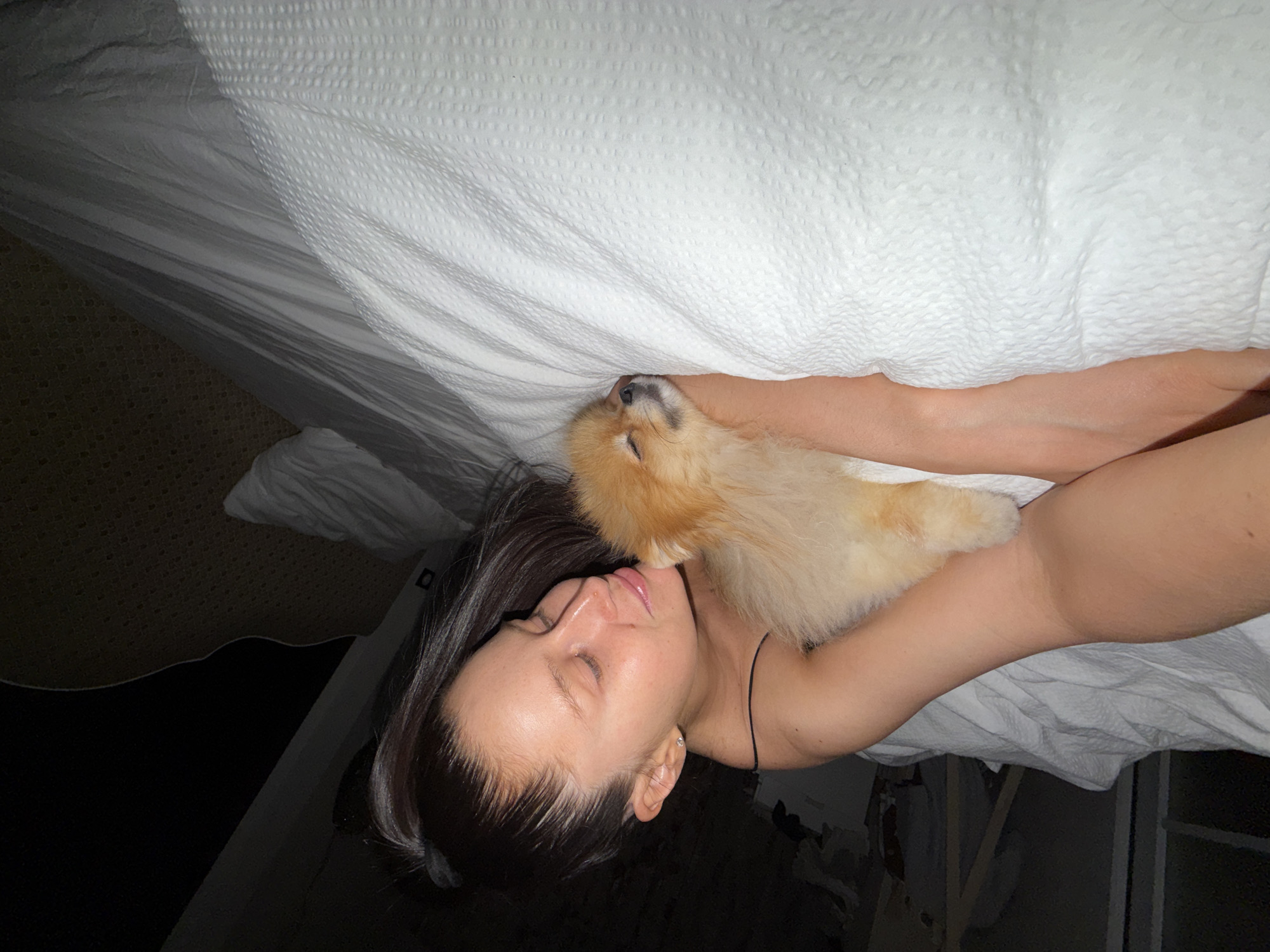 This image captures a serene moment between a person and a small dog resting in a dimly lit bedroom in Khimki, Russia. The main subjects are a woman with dark hair and a fluffy, light brown and cream-colored dog, possibly a Pomeranian.
The woman is lying on her back or side, with her head partially visible, eyes closed, and a gentle expression on her face, suggesting she is asleep or deeply relaxed. Her dark hair is spread around her head. The small dog is nestled intimately against her neck and chin, also with its eyes closed, conveying a sense of shared tranquility. One of the woman's arms is visible, positioned close to the dog.
The setting appears to be a bed covered with textured white bedding, which dominates the upper portion of the frame. The background is dark and indistinct, indicating low light conditions, likely nighttime or a room with minimal illumination. This contributes to the quiet, intimate, and peaceful atmosphere of the scene, highlighting the bond between the woman and her pet. There is no visible text in the image.