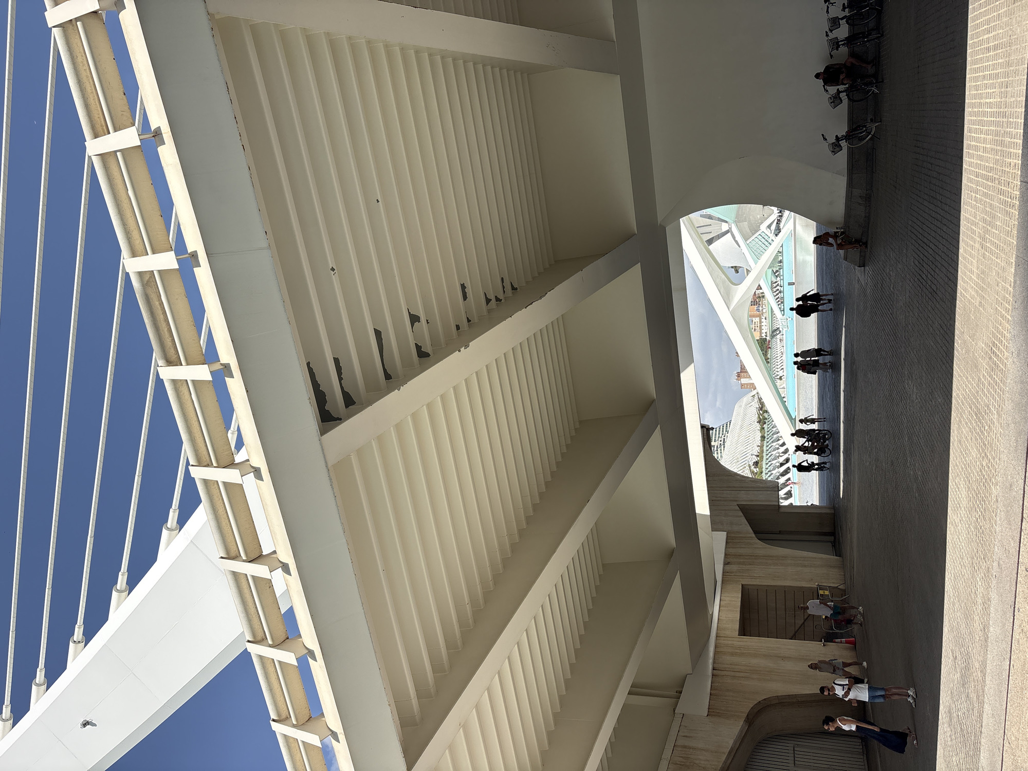 The image captures a view from underneath a modern, white, elevated structure, likely a bridge or walkway, in Valencia, Spain. The structure is characterized by its ribbed ceiling and supporting beams. In the background, a body of water is visible, with more distinctive, futuristic white architecture on the opposite side, suggesting a location within the City of Arts and Sciences complex.
Several people are present in the scene. On the left, a group of individuals are walking or standing under the structure, some appearing to be tourists. In the middle ground, a larger group is gathered, with some on bicycles. To the right, a woman is seated and several bicycles are parked. The ground is paved with a patterned tile. The sky above is a clear blue.