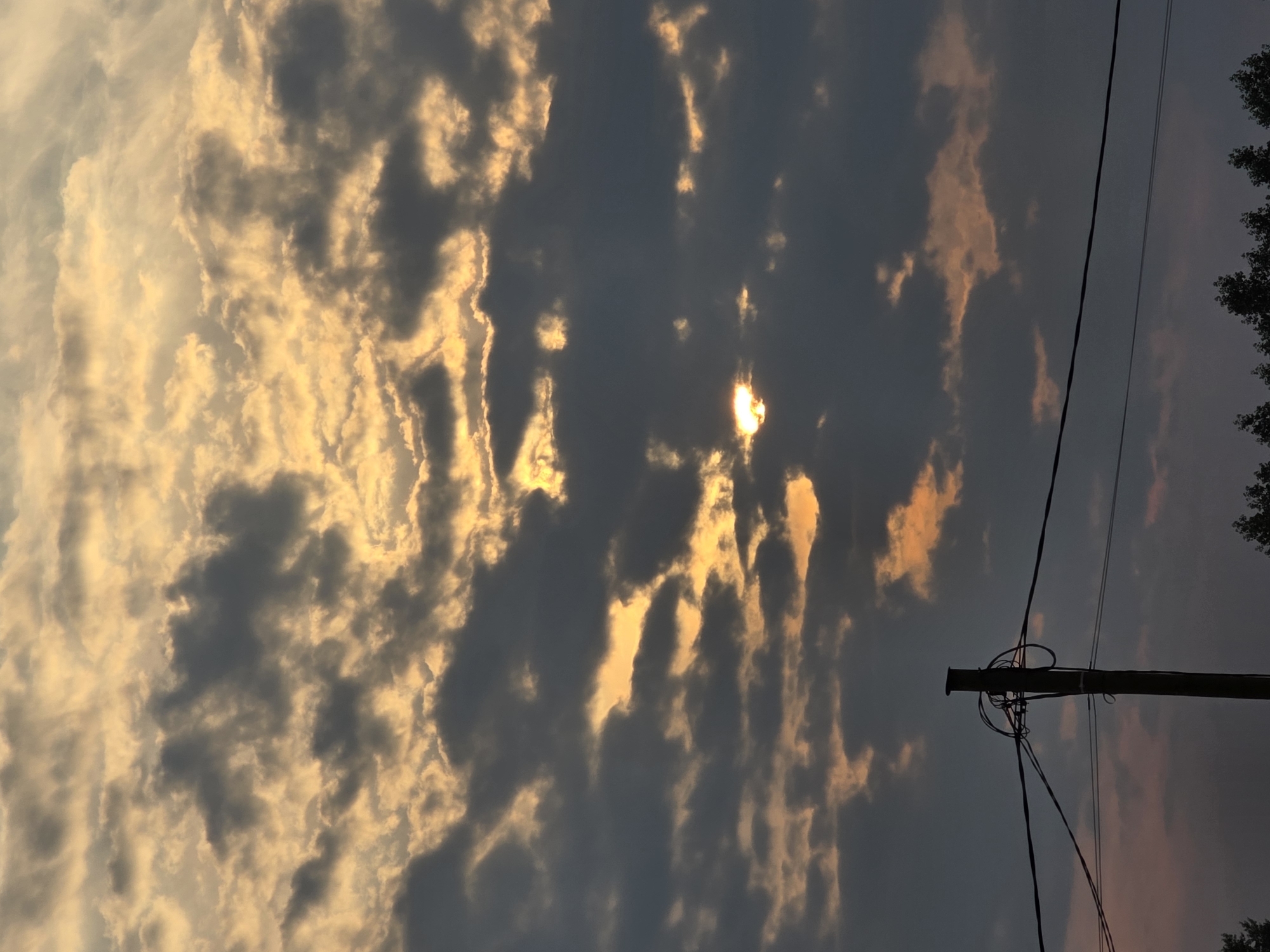This is a vertical, medium shot photograph of a sky filled with clouds during what appears to be sunset or sunrise. The sun is partially visible through breaks in the dark grey and golden clouds, casting a warm glow. In the foreground, a wooden utility pole stands silhouetted against the sky, with several electrical wires extending from it and across the frame. Below the wires and pole, the tops of dark green trees are visible, forming a horizontal line at the bottom of the image. The scene suggests an outdoor setting in a location that has utility infrastructure, possibly in a rural or suburban area. No people or animals are present. The overall mood is dramatic and somewhat ominous due to the dark clouds and silhouettes. The specific location of Ермолаево, Russia, is not visually indicated within the image itself.