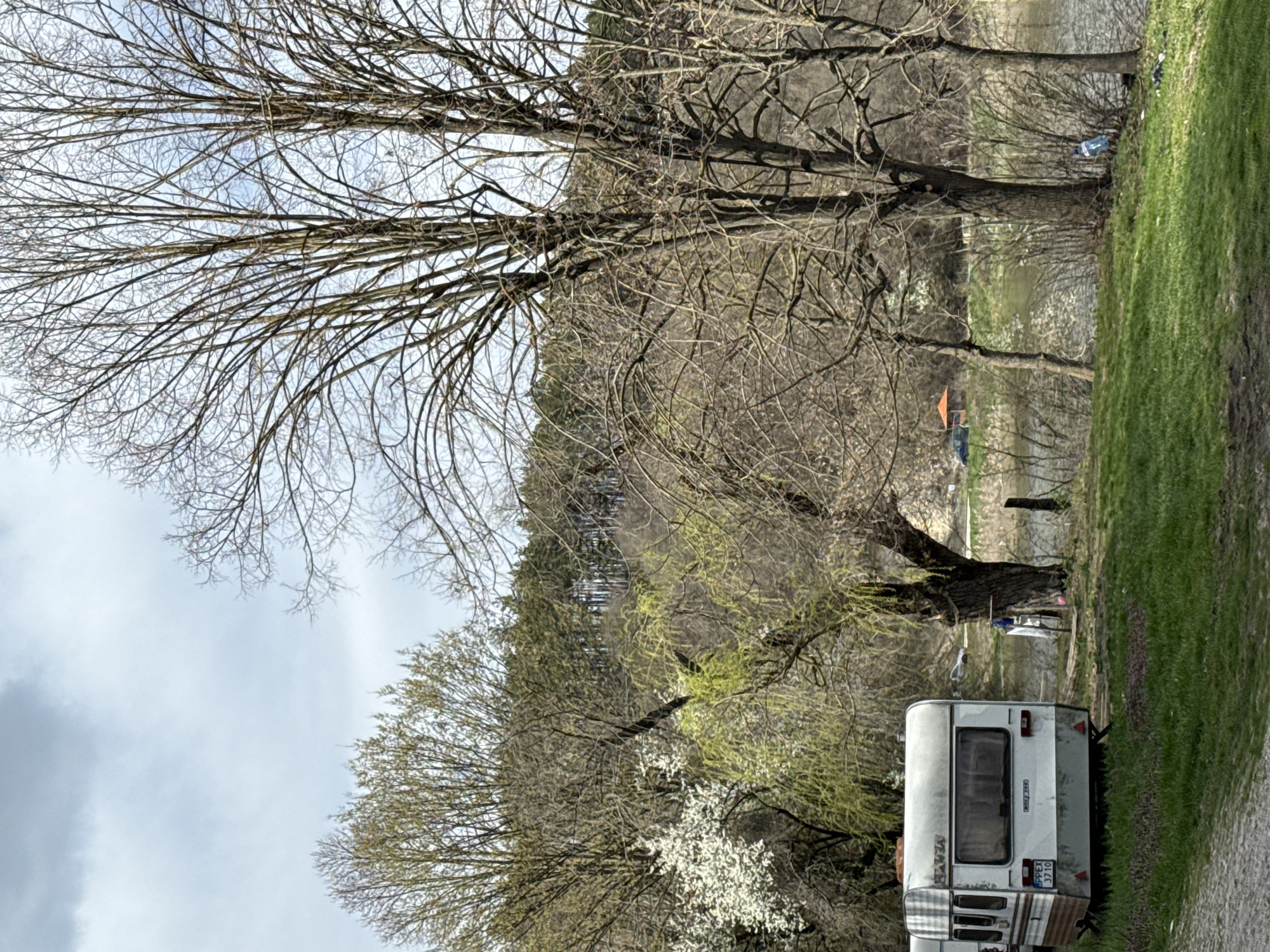 The image depicts a partially obscured view of a recreational vehicle parked near a body of water, likely a lake or river, in an outdoor setting. The presence of trees, some bare and some with early spring foliage and white blossoms, suggests it is springtime. There is grass and a small orange tent visible across the water. The recreational vehicle is white and has a visible license plate PE X 3710, which corresponds to Bulgaria. Although it is not clear from the image, based on this information, the location could be near Razgrad, Bulgaria.