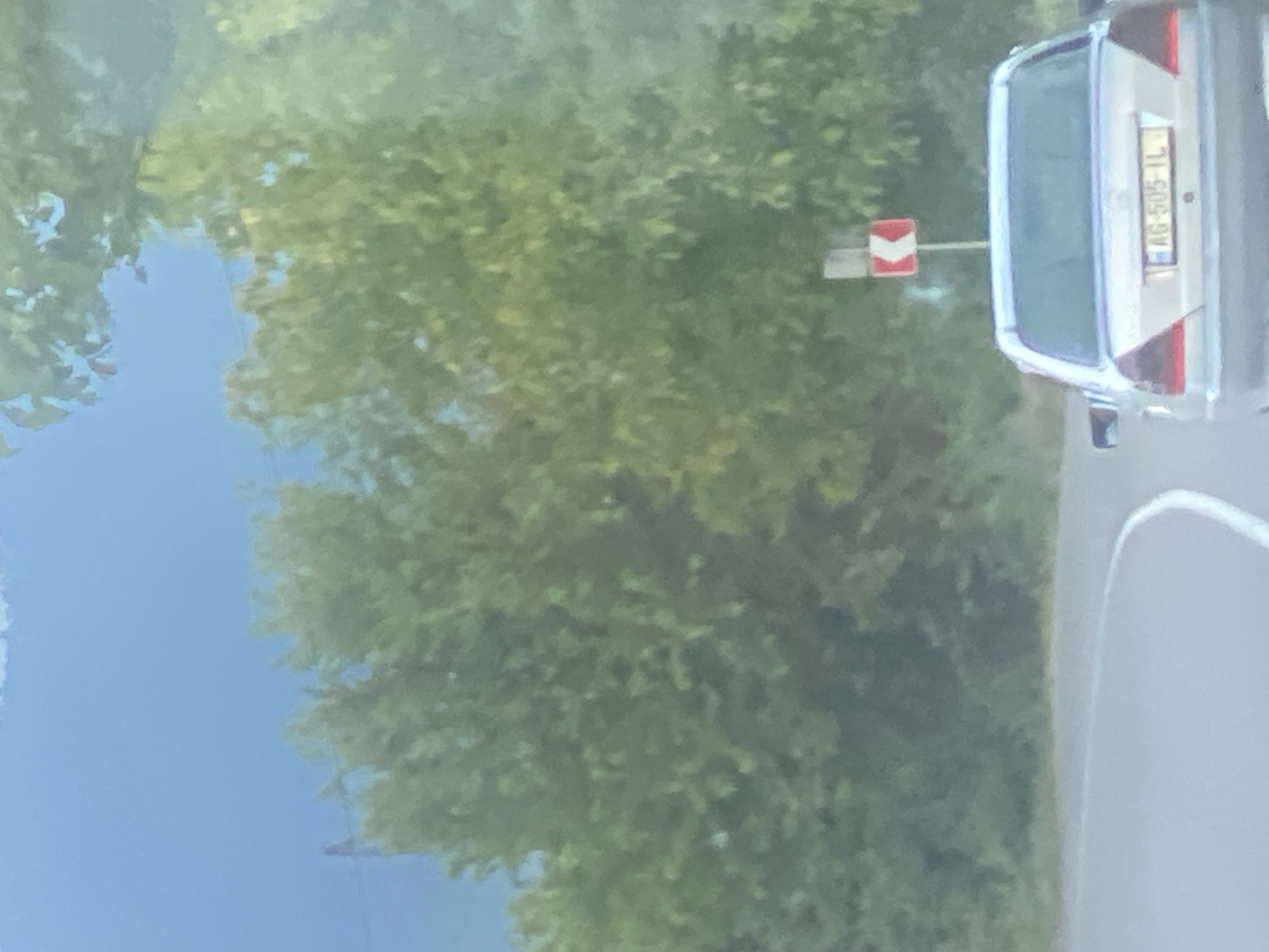 A silver sedan with license plate AG-505-IL is driving on a curved road in Zemo Sarali, Georgia. The car is in the foreground, and the road curves to the left. A road sign indicating a sharp left turn is visible to the right of the car. Trees and foliage line the road, with a clear blue sky in the background. The image appears to be taken from another vehicle.
