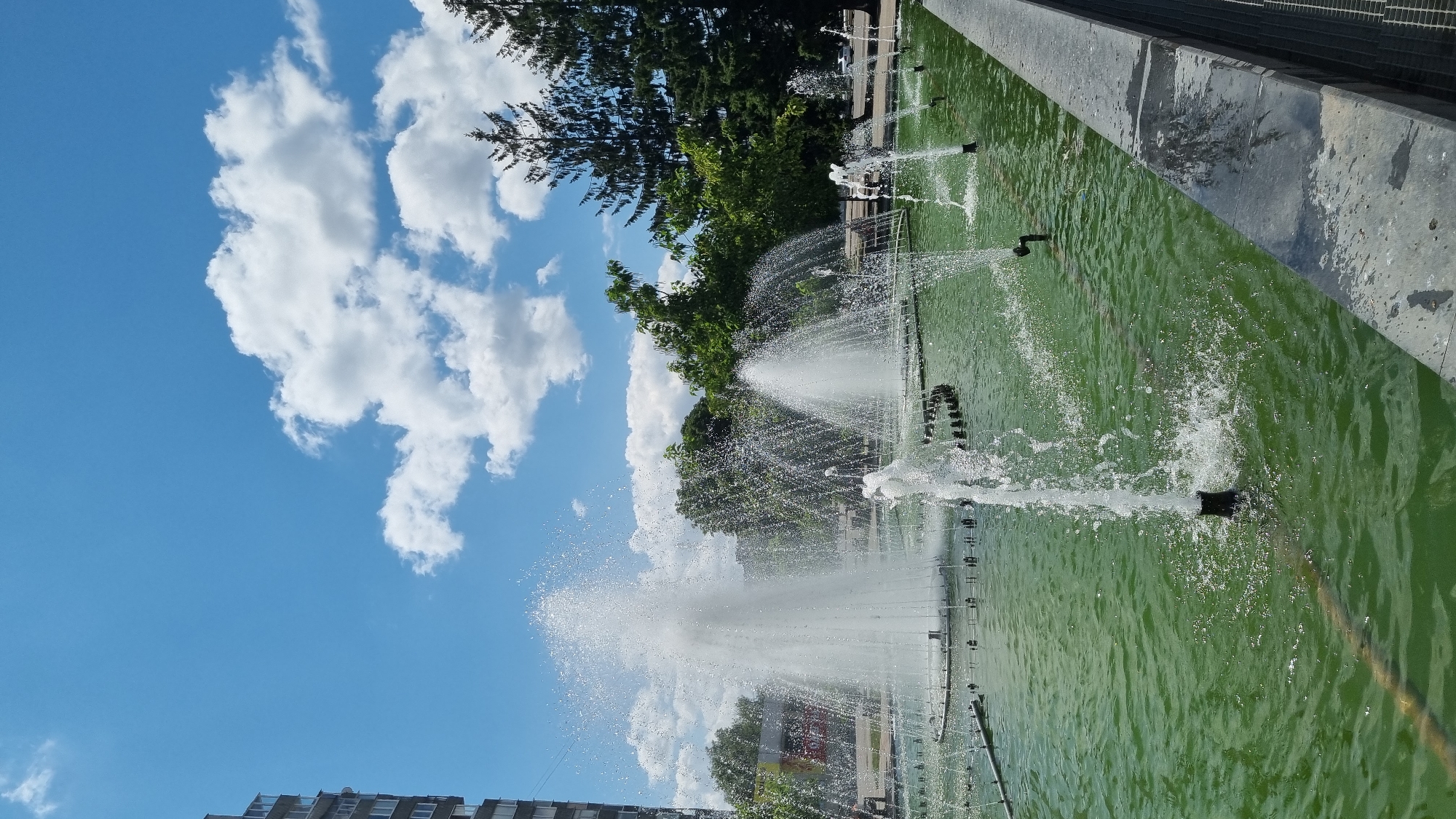 This is a vertical, medium-range, outdoor, daytime, eye-level shot of a fountain in Smila, Ukraine. The fountain is active with several jets of water spraying upwards from black nozzles within a large, green pool. In the foreground, a grey concrete ledge with a metal grate borders the pool on the right. Behind the fountain, lush green trees are visible, with tall evergreen trees towards the right and a multi-story building on the far left. The sky above is a vibrant blue with fluffy white clouds. The overall scene depicts a public space on a sunny day.