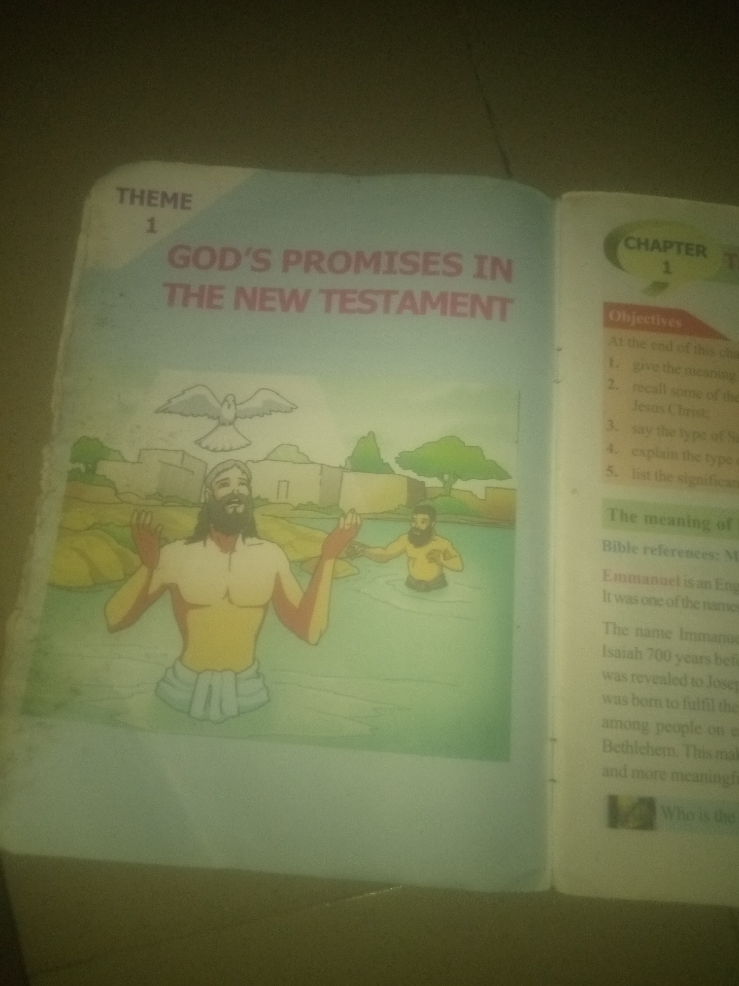 The image shows an open book. The left page has the title "THEME 1 GOD'S PROMISES IN THE NEW TESTAMENT" printed in large pink letters. Below the title is an illustration of two men in water, with a dove flying above one of them. The right page has the heading "CHAPTER 1" and a list of objectives, followed by text that discusses the meaning of "Immanuel" and its biblical references. The background of the image is dark and appears to be a room. There is no information in the image that indicates the location in the city of Jauro Yinu, Nigeria.