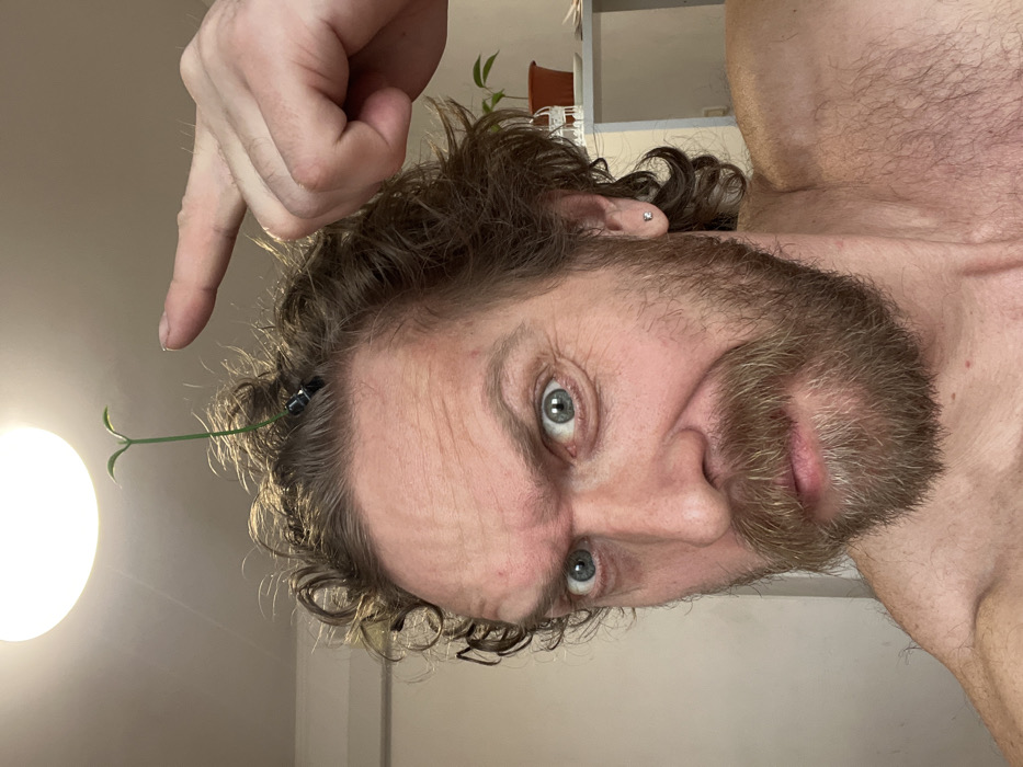 The image, stated to be from Saint Petersburg, Russia, presents a close-up, eye-level shot of an adult male indoors. The subject, exhibiting light skin, prominent blue eyes, curly brown hair, and a full brown beard and mustache, faces the viewer directly. He maintains an intense facial expression characterized by furrowed eyebrows, wide-open eyes, and a slightly open mouth with a forward-pushed lower lip. A small, green plant sprout, approximately 5-7 cm tall with two visible leaves, is attached to the crown of his head within his hair, secured by a small, dark-colored hair clip. His right hand is raised to head level, with the index finger extended and pointing towards this plant sprout. The man's torso is bare, revealing his chest and shoulders. A small, silver-colored stud earring is visible in his left earlobe. The background is moderately out of focus, showing a light-colored wall and a bright, circular ceiling light directly above the subject's head. To the right, a light-colored shelf or surface holds a small brown potted plant and a decorative white cage-like object.