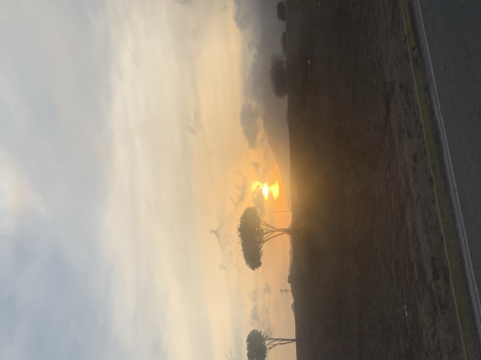 The image captures a sunset landscape possibly near Porlamar, Venezuela, although specific details to confirm the location are absent. The sun is setting behind trees. To the right, a road or paved area is visible along with some vegetation and trees. The sky is illuminated by the setting sun, with shades of orange and yellow.
